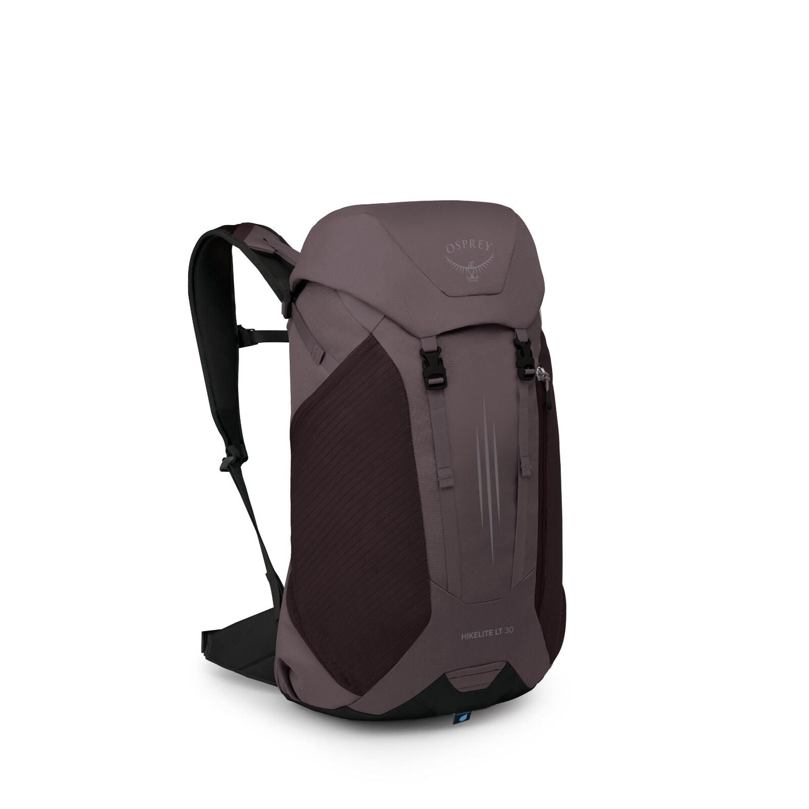 The image showcases a sleek and modern Osprey backpack, model Hikelite LT 30, designed for hiking and outdoor activities. It features a streamlined design with a dark, muted color palette that includes shades of grey and black. The backpack has multiple c