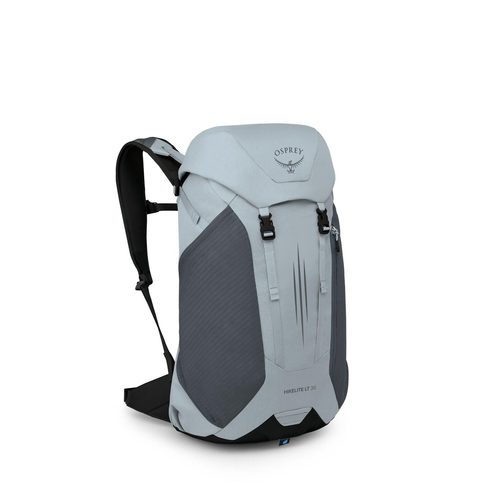 The image features a backpack from Osprey, specifically the Hikelite LT 30 model, displayed in a light gray and dark gray color scheme. It has a sleek, aerodynamic design with a top flap featuring the Osprey logo, showcasing a bird emblem and the brand na