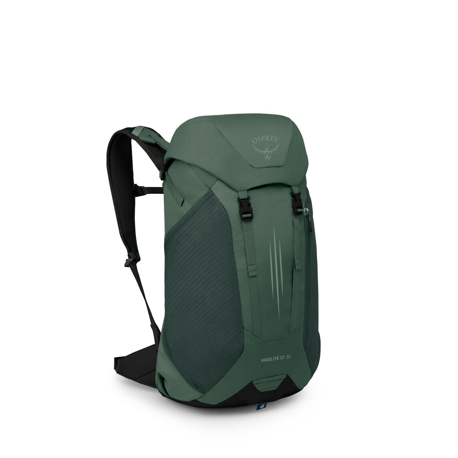 The image features a green Osprey hiking backpack with the model name "Hikelite LT 30" visible at the bottom front. The backpack showcases a sleek design with a large main compartment covered by a top flap that fastens with two black buckles. The sides of