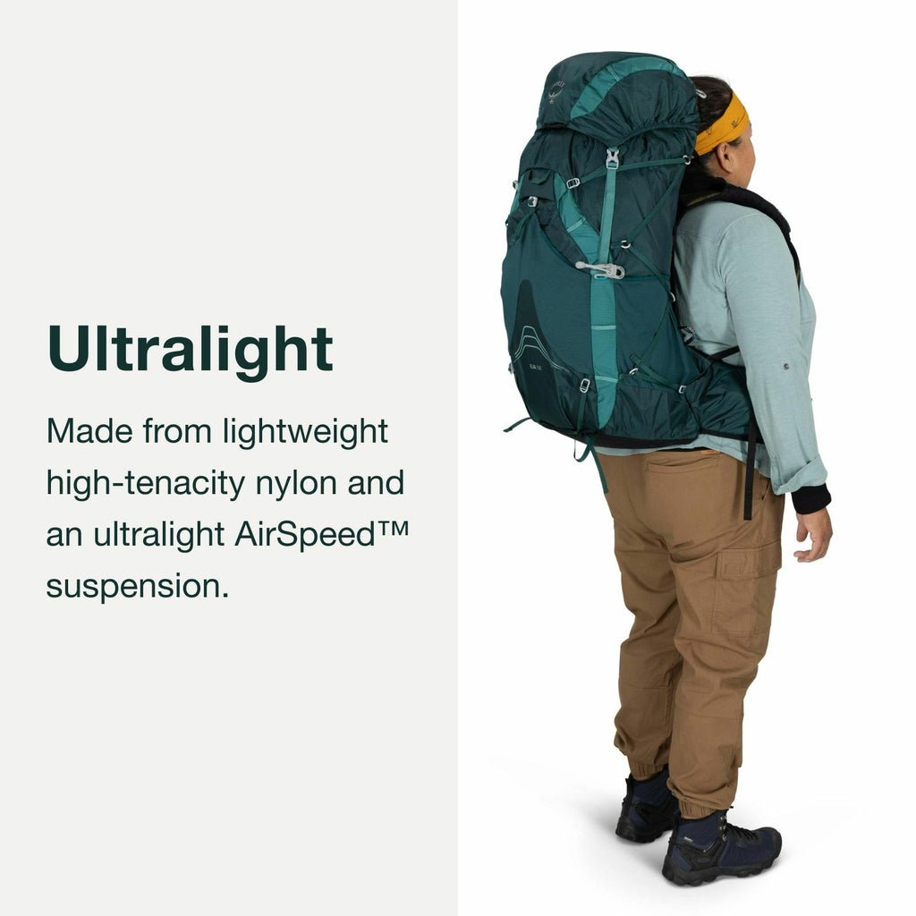 A person wearing a light blue long-sleeve shirt and brown cargo pants carries an ultralight backpack featuring AirSpeed™ suspension.