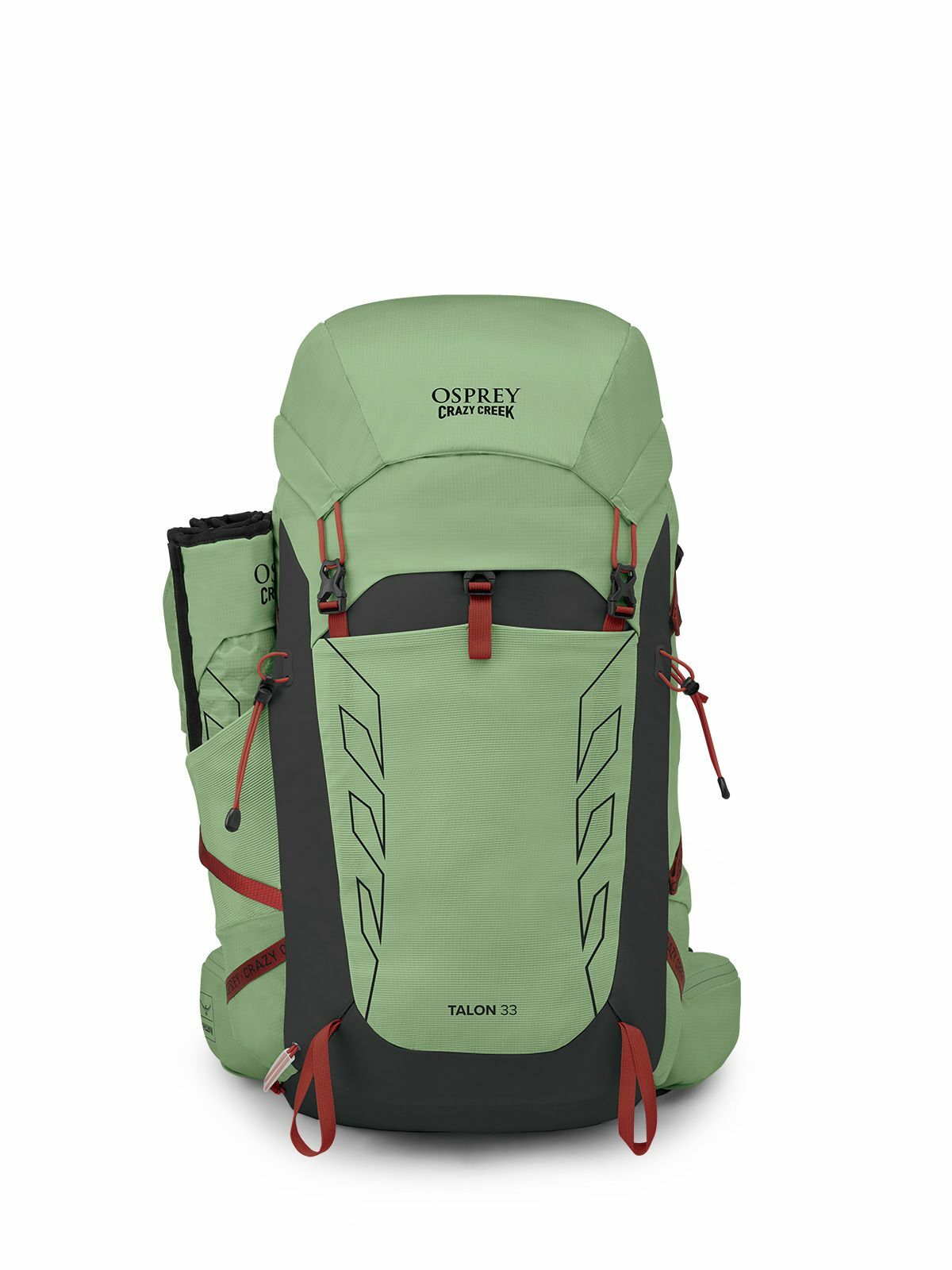 Light green Osprey / Crazy Creek Talon 33 backpack with black accents, featuring adjustable straps and zippers, ideal for outdoor adventures.