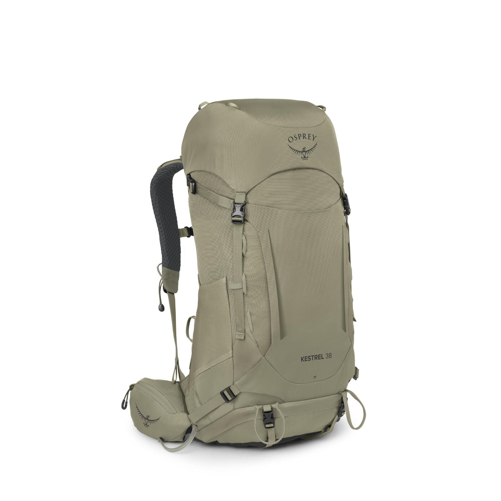 The image showcases an Osprey backpack, specifically the Kestrel 38 model, designed for hiking or outdoor adventures. This backpack features a sleek design with multiple compartments and straps for functionality and support. The Osprey logo is prominently