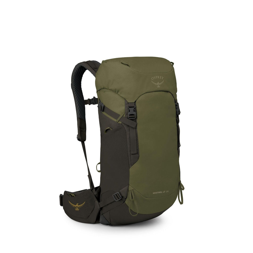 The image depicts an Osprey Kestrel LT 28 backpack, a sleek and functional outdoor gear item designed for hiking and travel. It is shown in an olive green color with dark brown and black accents, giving it a rugged and earthy appearance. The backpack feat