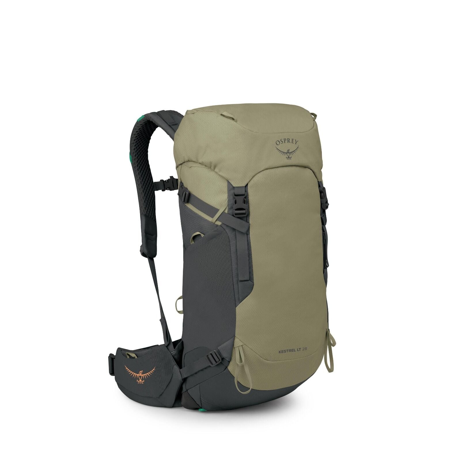 The image features a high-quality hiking backpack, specifically the Osprey Kestrel 28L, which is presented in a digital and multicolor composition style. The backpack is predominantly olive green with darker gray and black accents on the straps, pockets,