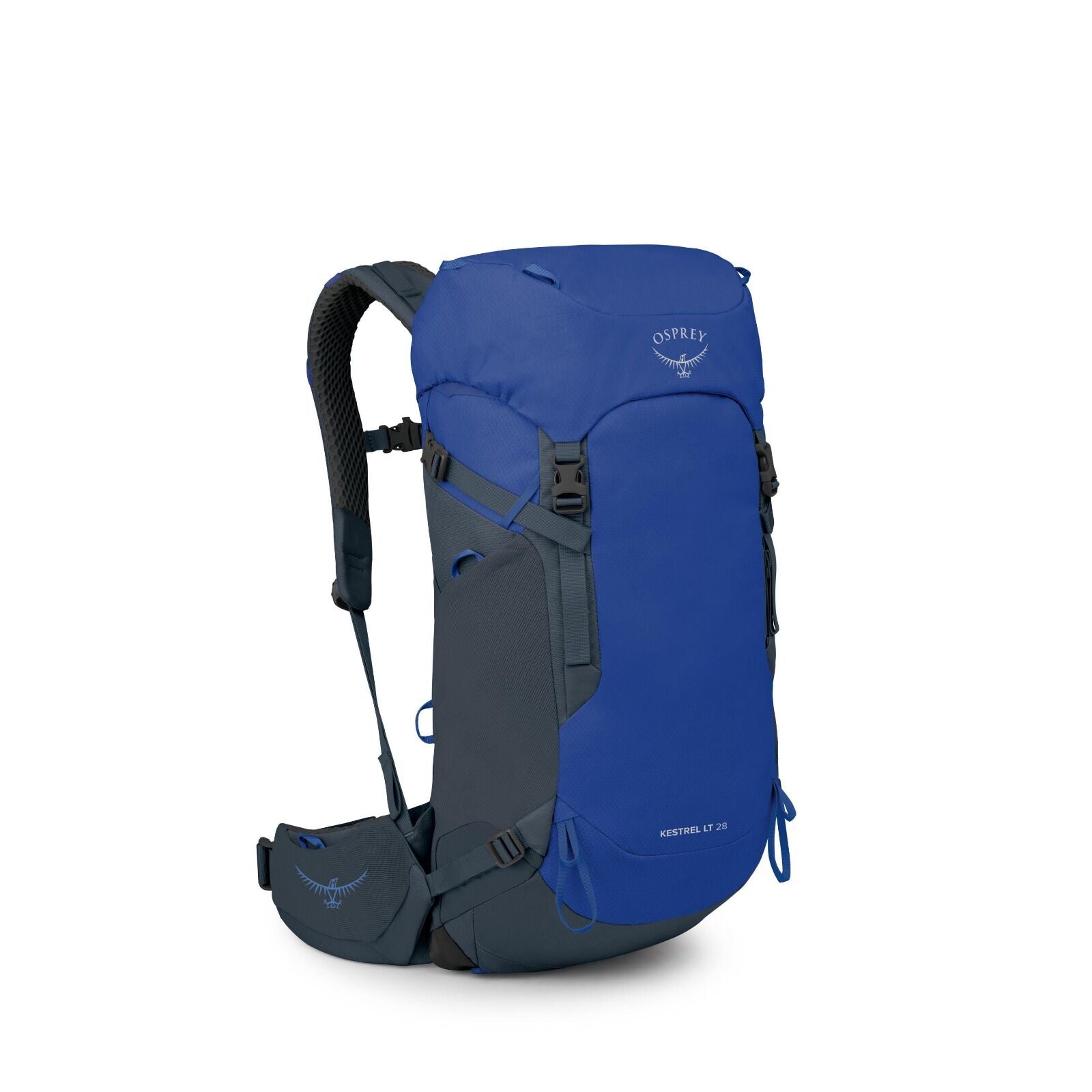 The image features a blue and dark grey backpack from the brand Osprey, specifically the Kestrel LT 28 model. The backpack has a streamlined design with a top-loading main compartment, side pockets, and a padded waist belt for added comfort and support. T