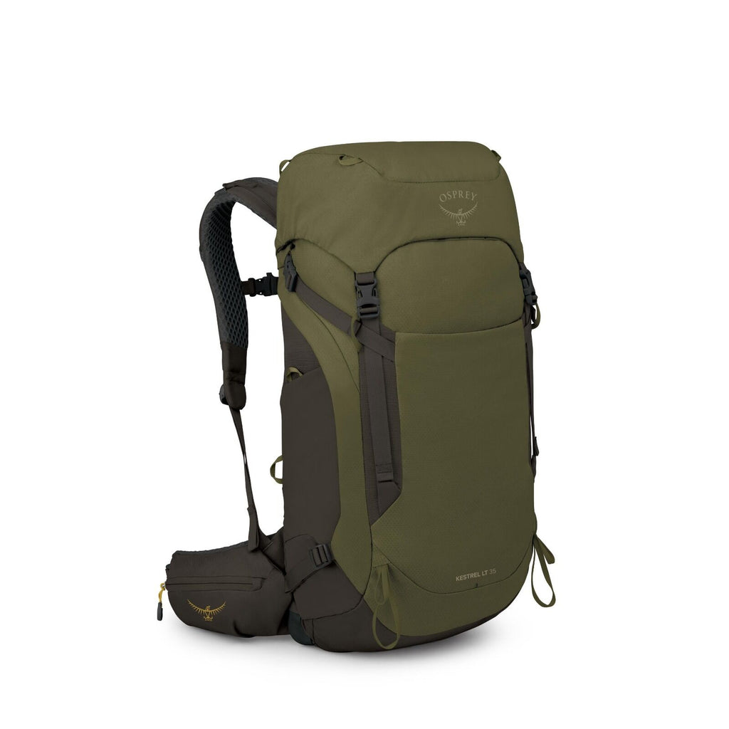 The image showcases a green and black hiking backpack from the brand Osprey, specifically the "Kestrel LT 35" model. The main body of the backpack is a solid green color, while the accents such as straps, buckles, and the back panel are in black. The Ospr