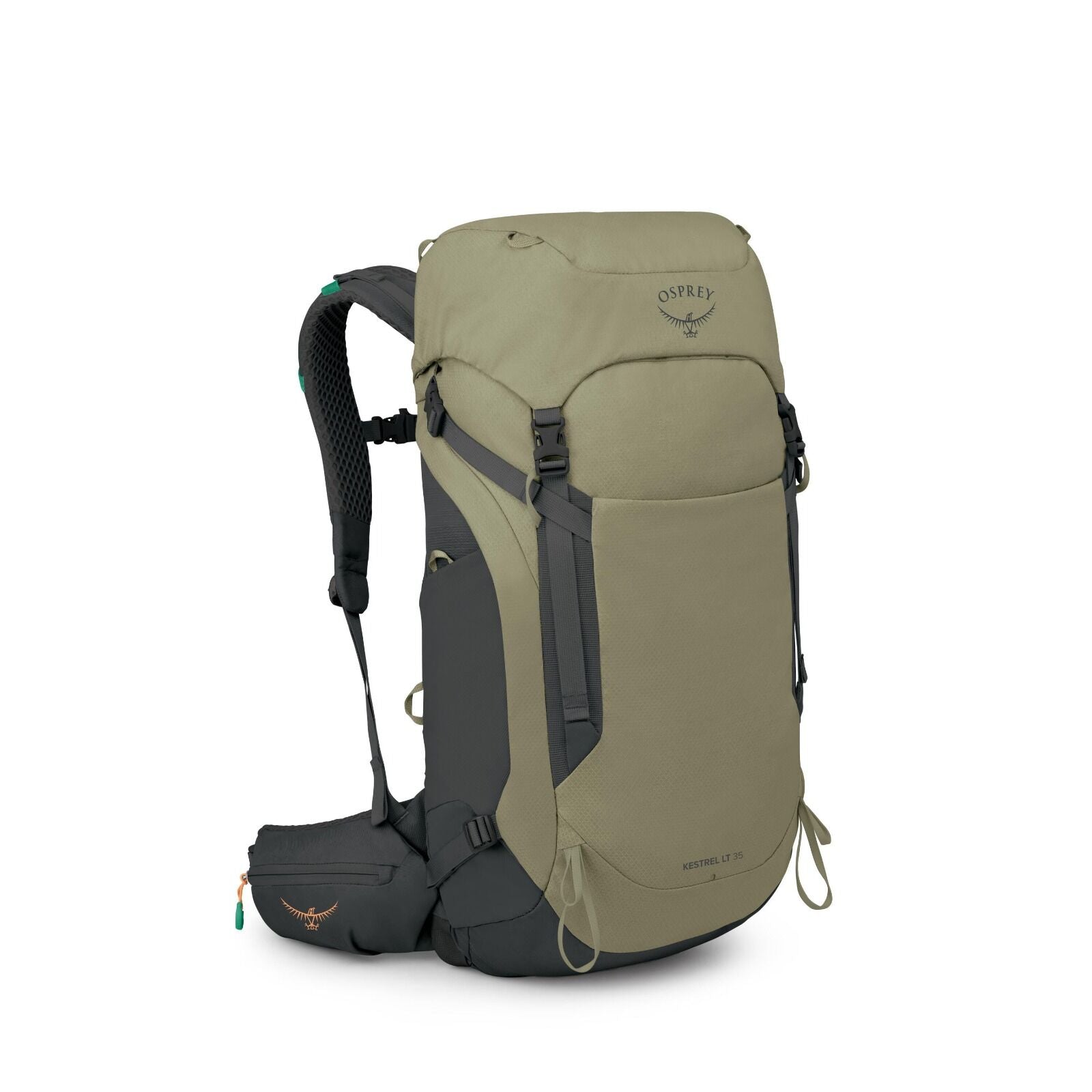 The images showcase an Osprey Kestrel LT 38 hiking backpack in different stages of its construction or design layers. The first image presents the complete backpack in a predominantly olive green color with black accents, highlighting its features such as