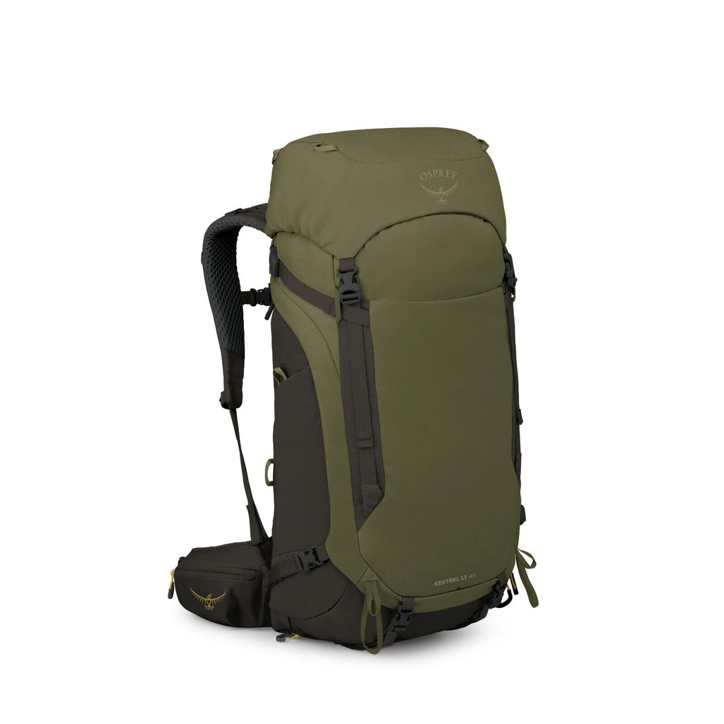 The image features a high-quality, outdoor backpack made by Osprey, known as the Kestrel 48. The backpack is primarily olive green with black accents on the sides and base, designed for hiking and outdoor expeditions. It has a large, rounded top compartme