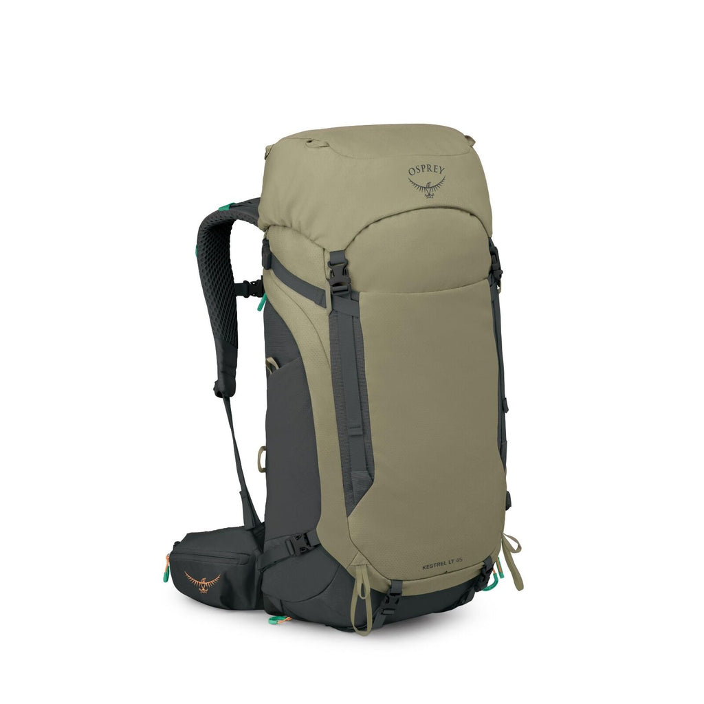 The image displays a sturdy backpack designed for outdoor use, specifically hiking or trekking. The backpack is predominantly an olive green color with black accents, offering a visually appealing contrast. It features multiple compartments and adjustable
