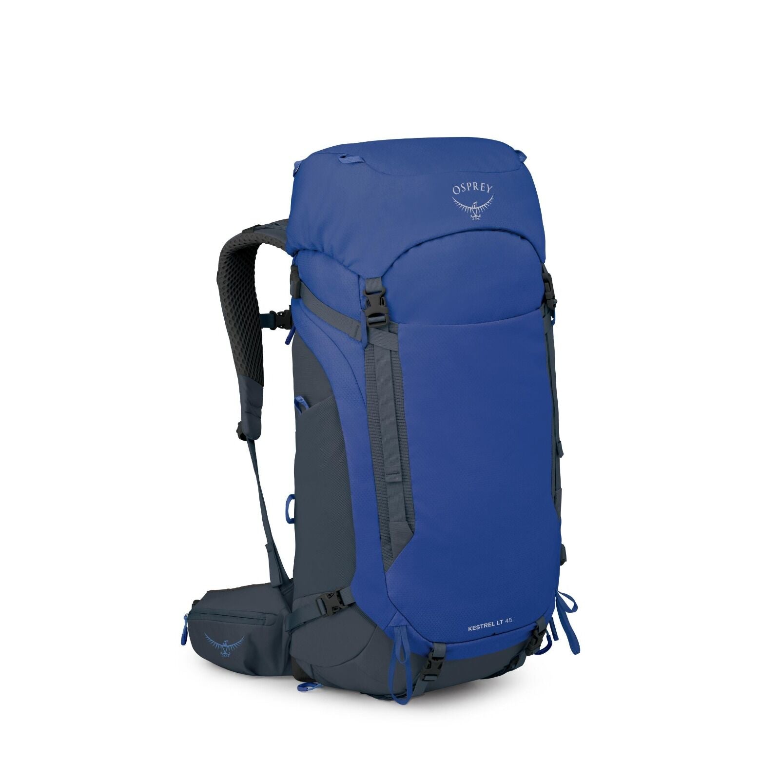 The image features a blue and black Osprey Kestrel 45 backpack. It has a large main compartment with a top flap that is fastened by two adjustable straps with buckles. The front pocket displays the Osprey logo prominently, and the model name "Kestrel 45"