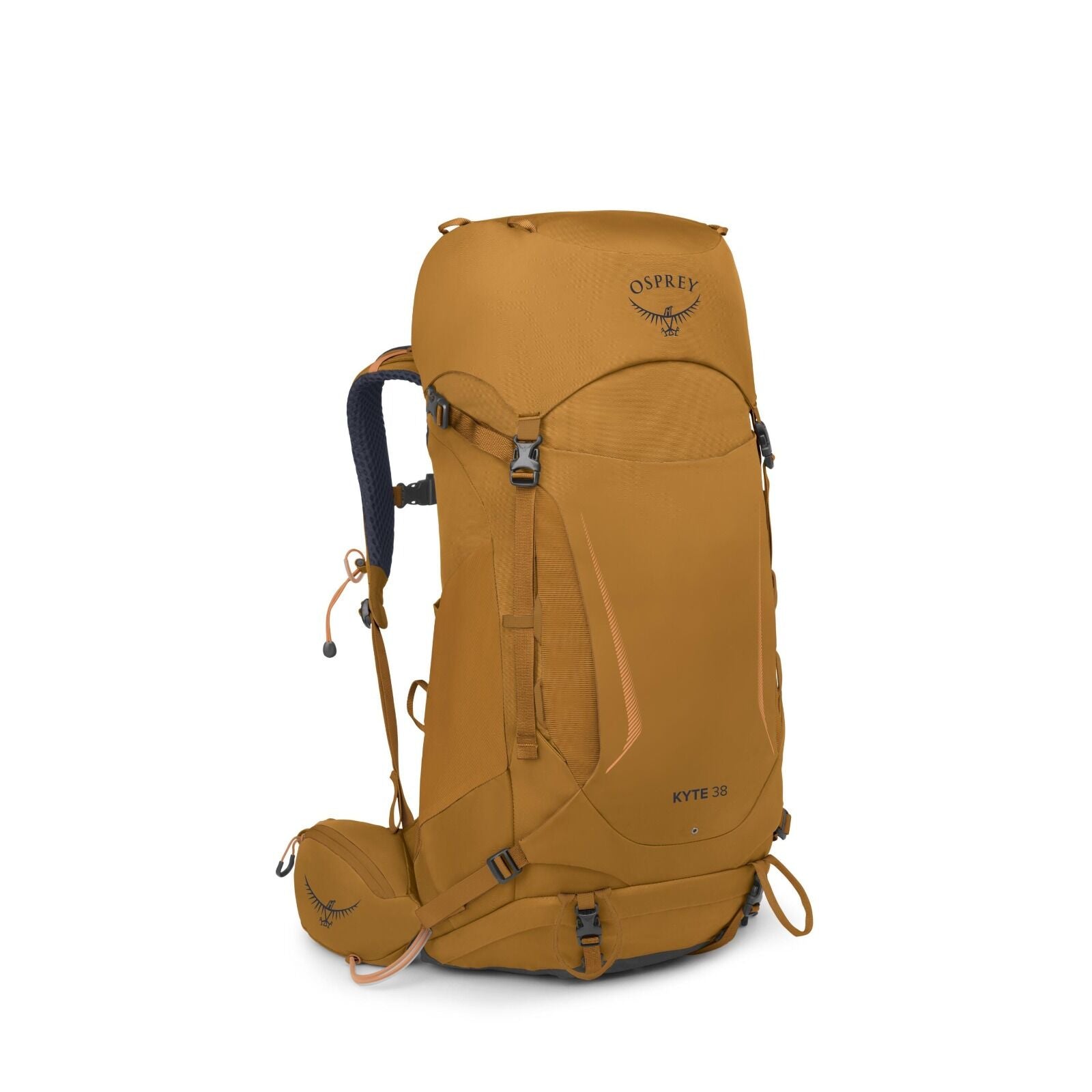 The image showcases an Osprey Kyte 38 backpack in a rich mustard color. This backpack is designed for hiking or outdoor use, featuring various compartments and buckles for securing gear. The logo "OSPREY" is prominently displayed on the top flap, along wi
