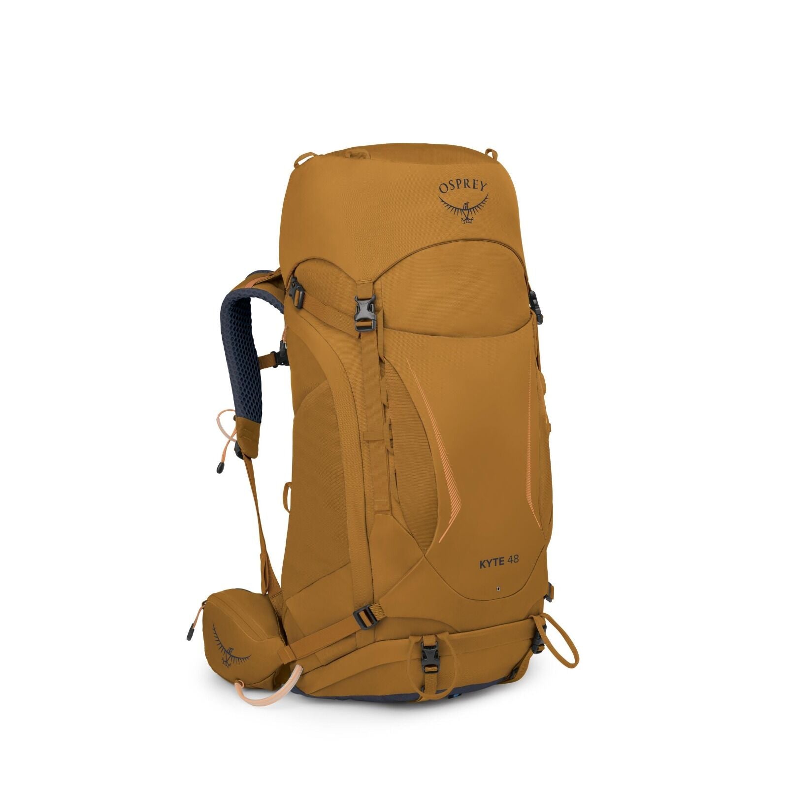 The image shows an Osprey Kyte 48 backpack, which is designed for outdoor activities like hiking and backpacking. The backpack is a rich, golden-brown color with the Osprey logo displayed prominently near the top. The backpack has multiple compartments an