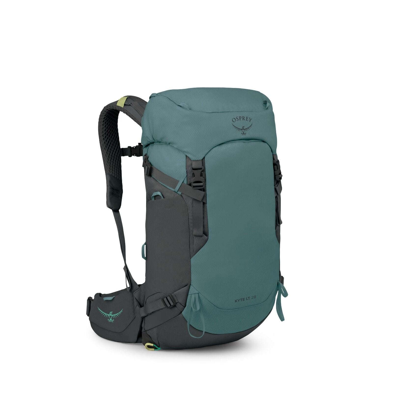 The image depicts an Osprey backpack, specifically the Kyte LT 28 model. The backpack is mostly teal with black accents and features multiple compartments and pockets for organization. It includes adjustable straps for comfortable carrying and a hip belt
