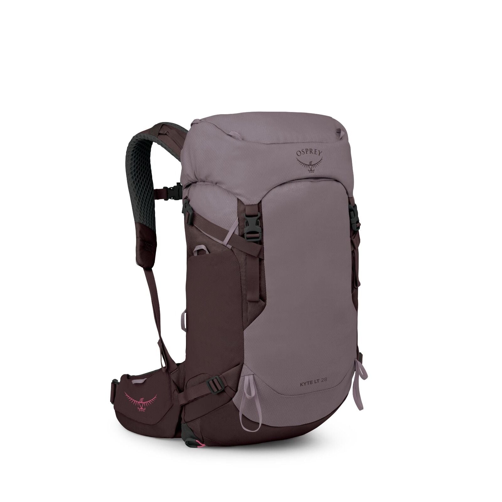 The image showcases an Osprey Kyte LT 28 backpack designed for outdoor activities. It features a combination of soft purple and dark brown colors, giving it a stylish and functional look. The backpack has multiple adjustable straps and buckles for securin