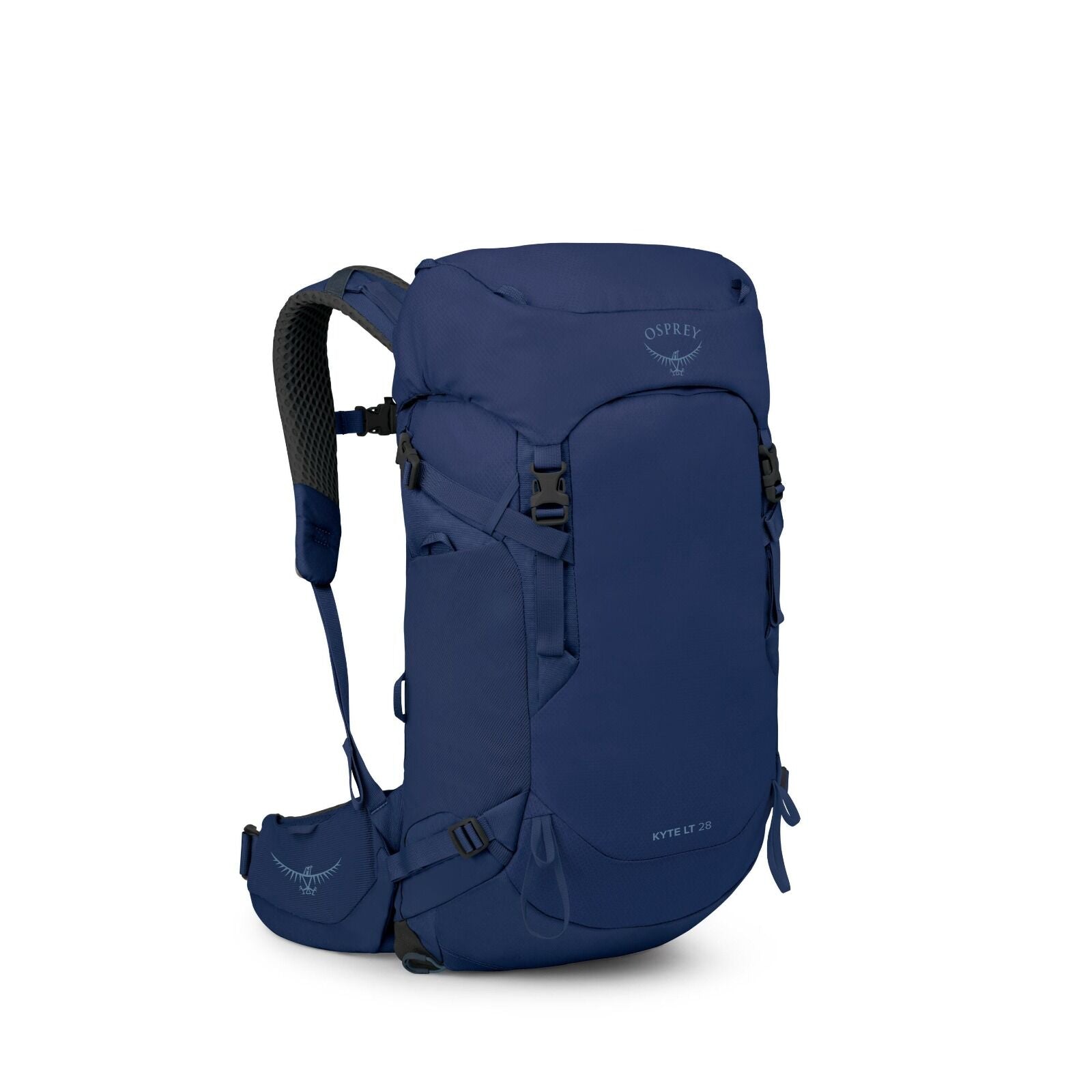 The image showcases an Osprey Kyte LT 28 backpack in a deep blue color. This backpack appears to be designed for hiking or outdoor use, featuring a main compartment with a top-loading design, secured by buckles and a lid. It has padded shoulder straps and