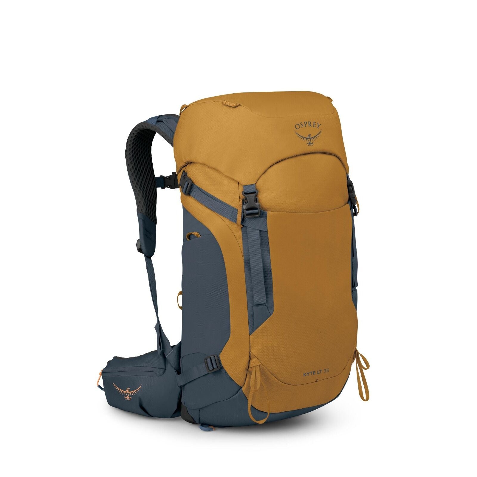 The images showcase a modular backpack from Osprey, specifically the Kyte LT 35 model. The backpack features a distinctive color scheme, with a mustard yellow main body contrasted by deep blue accents on the side pockets, straps, and bottom section. The f
