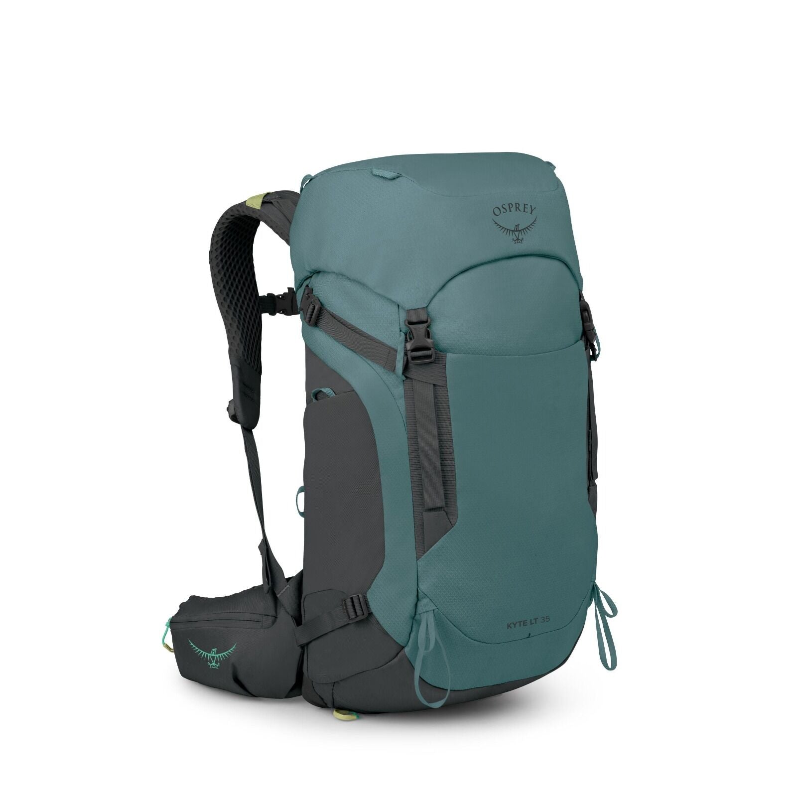 The image showcases a teal and black Osprey backpack, specifically the "Kyte LT 35" model, as indicated by the label on the lower front section. The backpack has a sleek design with a top lid and several adjustable straps, providing both style and functio