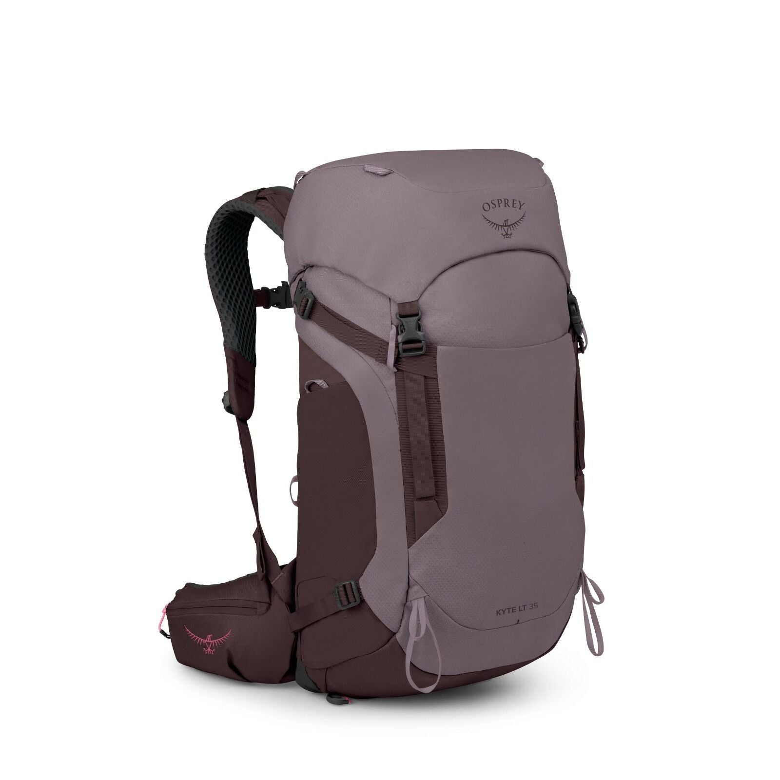 The image showcases a high-quality hiking backpack made by Osprey, known as the Kyte LT 35. It features a streamlined design with a spacious main compartment and multiple exterior pockets for easy access and organization. The backpack is primarily two sha