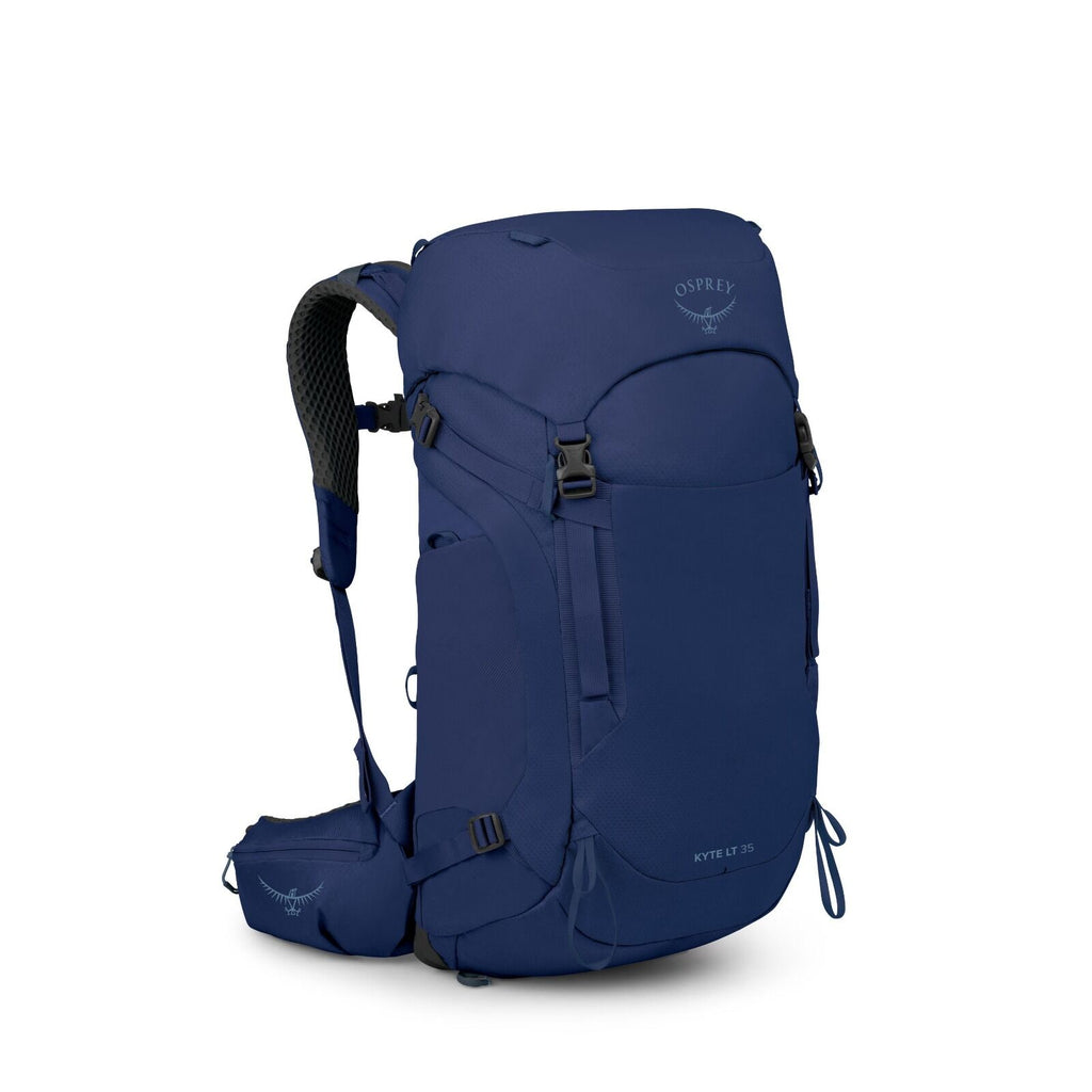The image shows a blue Osprey backpack, specifically the Kyte LT 35 model, designed for outdoor adventures. The backpack features multiple compartments and straps for efficient organization and comfort during use. It has a top lid, adjustable shoulder str