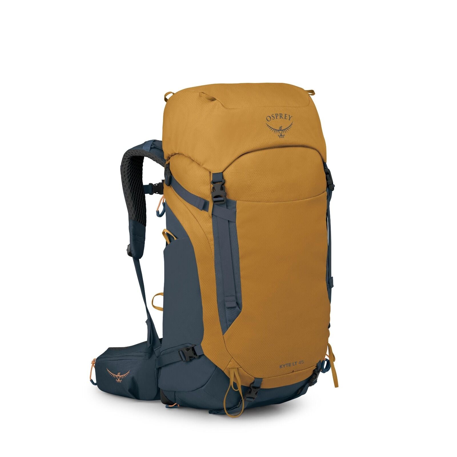 The image features a hiking backpack from the brand Osprey, specifically the Kyte LT 45 model. The backpack is primarily mustard yellow with dark blue accents, including the straps and base. It has a large main compartment with a top flap closure and is e