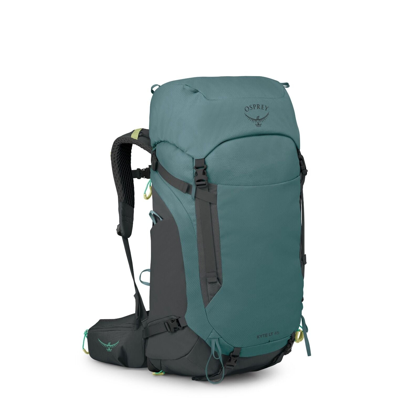 The image features an Osprey Kyte LT 45 backpack, designed for outdoor activities like hiking or trekking. The backpack has a distinctive teal color for the main body, complemented by black accents on the straps, pockets, and base. It is equipped with mul