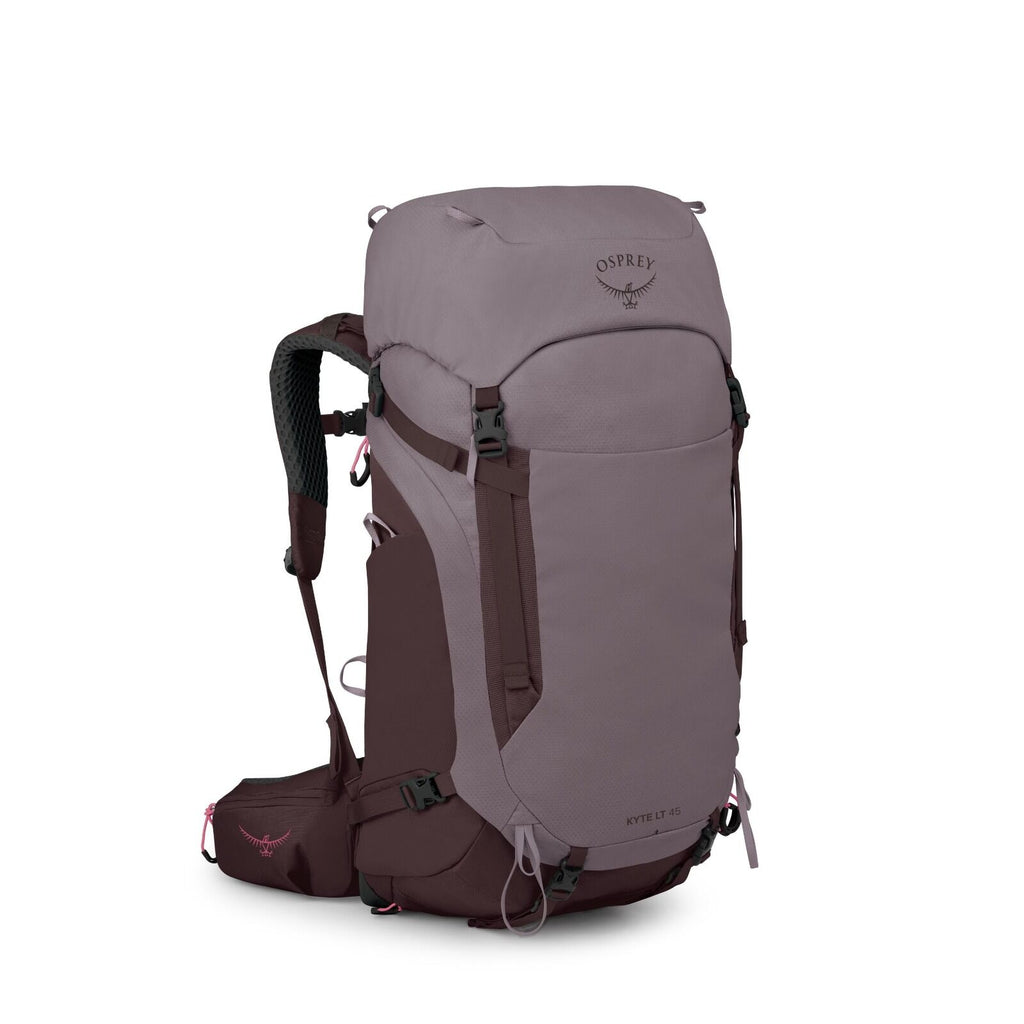 The image displays a high-quality backpack from Osprey, specifically the Kyte LT 45 model, designed for outdoor activities such as hiking or trekking. The backpack features a two-tone color scheme of dark mauve and brown, providing a stylish yet functiona