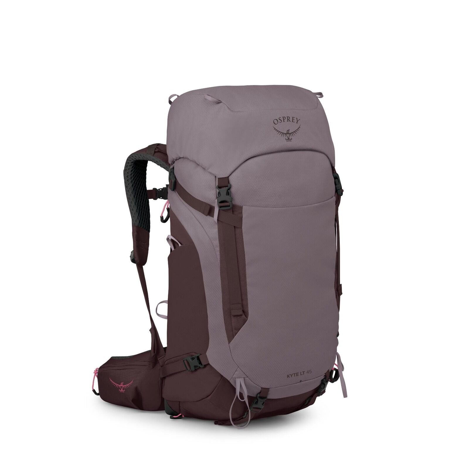 The image displays a high-quality backpack from Osprey, specifically the Kyte LT 45 model, designed for outdoor activities such as hiking or trekking. The backpack features a two-tone color scheme of dark mauve and brown, providing a stylish yet functiona