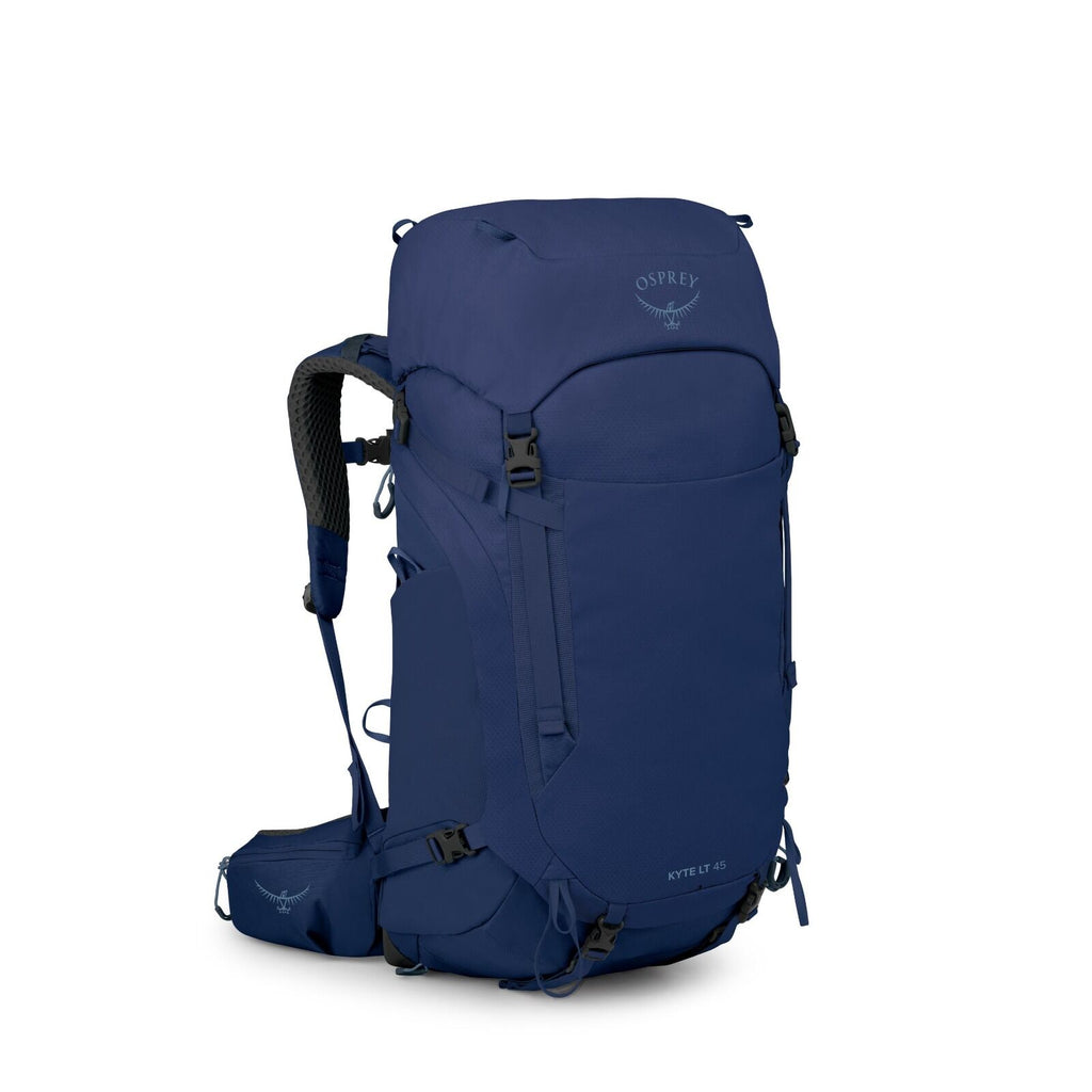 The image shows a high-quality blue backpack from the brand Osprey, specifically the Kyte LT 45 model. The backpack is designed for outdoor activities and has a sturdy build with multiple compartments and adjustable straps for comfort and functionality. I