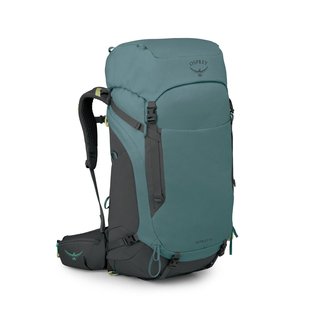 The image displays an Osprey Kyte LT 65 backpack, designed for outdoor activities such as hiking or trekking. This backpack is primarily teal with black accents, featuring the Osprey logo prominently on the top flap. It has a top-loading design with adjus