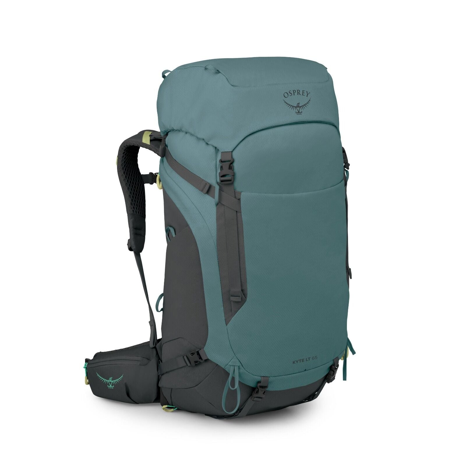 The image displays an Osprey Kyte LT 65 backpack, designed for outdoor activities such as hiking or trekking. This backpack is primarily teal with black accents, featuring the Osprey logo prominently on the top flap. It has a top-loading design with adjus