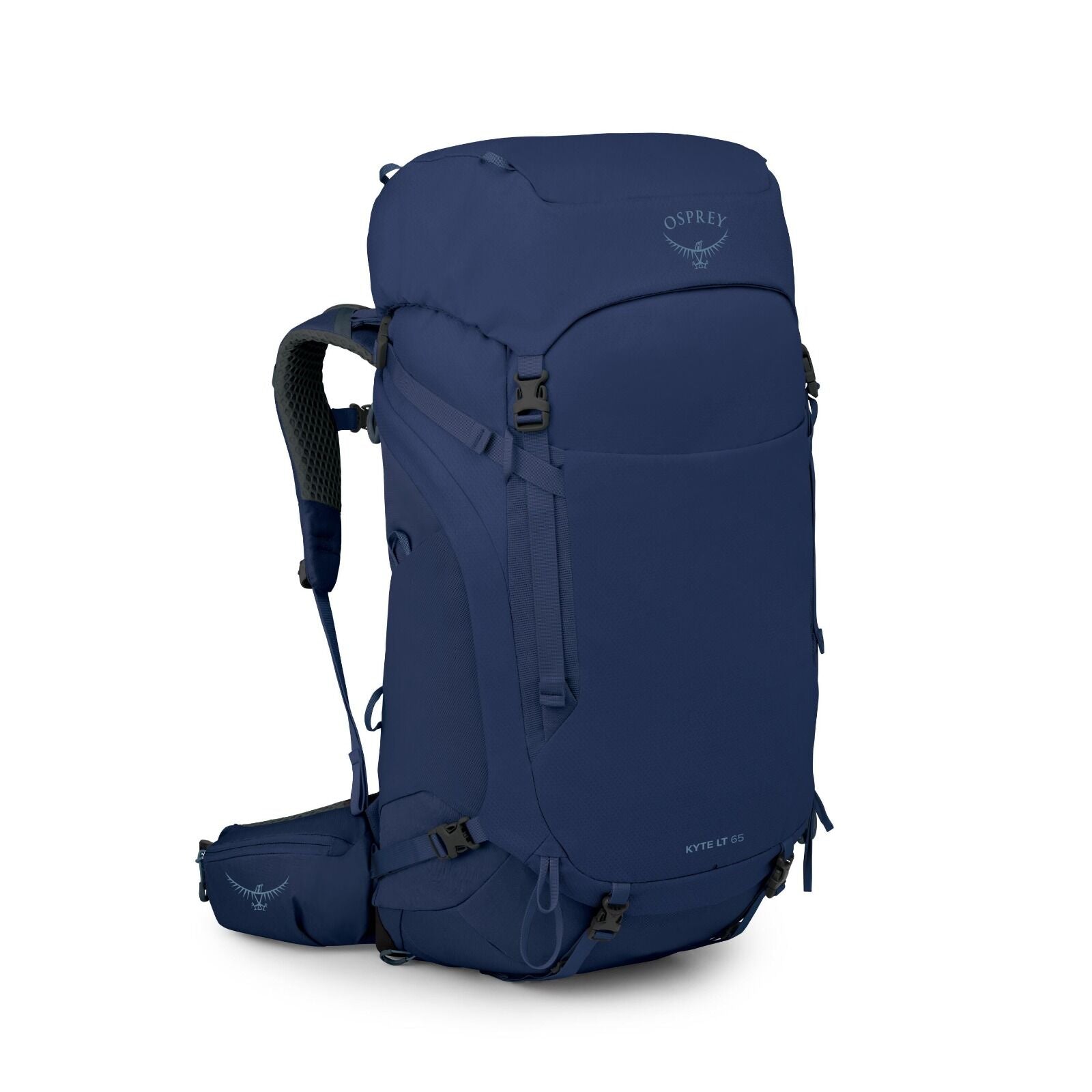 The image displays an Osprey Kyte LT 65 backpack, a deep navy blue color. It features a spacious main compartment with a top lid and multiple adjustable straps for a secure fit. The Osprey logo is visible on the top lid of the backpack, and there is addit