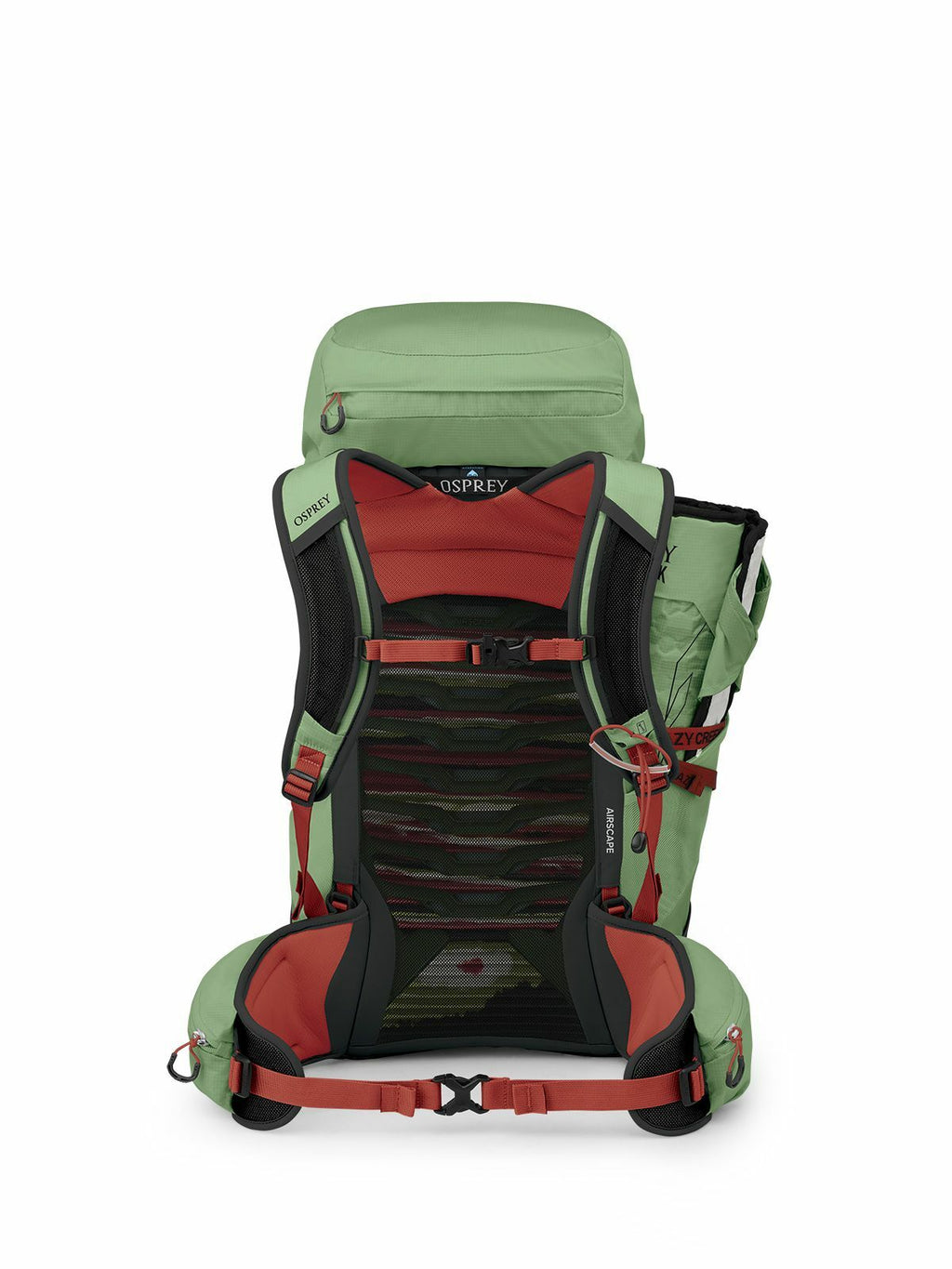 Green Osprey backpack showcasing padded straps, a mesh back panel, and a top compartment, designed for comfort and support.