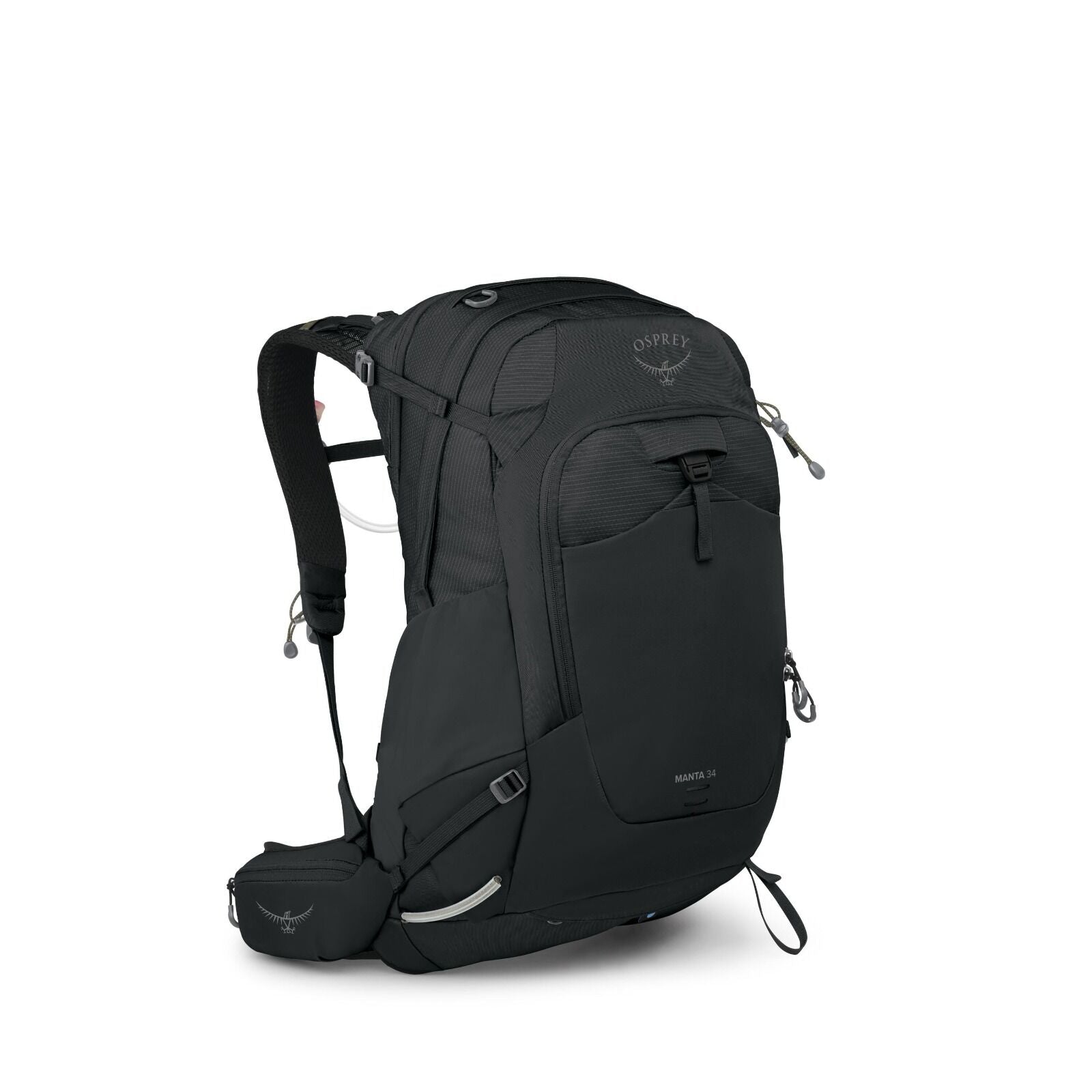 The image displays a black Osprey backpack with a sleek design, showcasing multiple compartments and straps for versatile use. The brand's logo, featuring the Osprey name and emblem, is prominently displayed on the top flap of the backpack. It is equipped