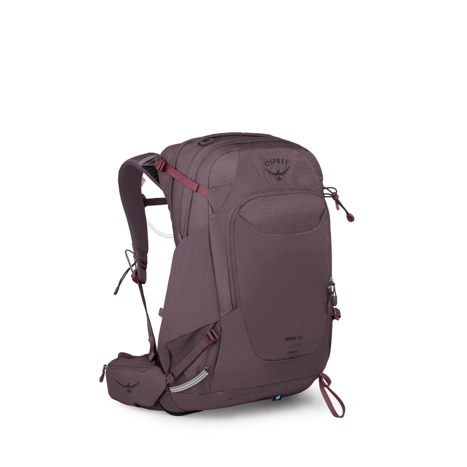 The image showcases an Osprey Mira 24 backpack, designed for outdoor activities such as hiking or trekking. The backpack is a muted purple color with darker shades on the shoulder straps and back padding. The design features multiple compartments with zip