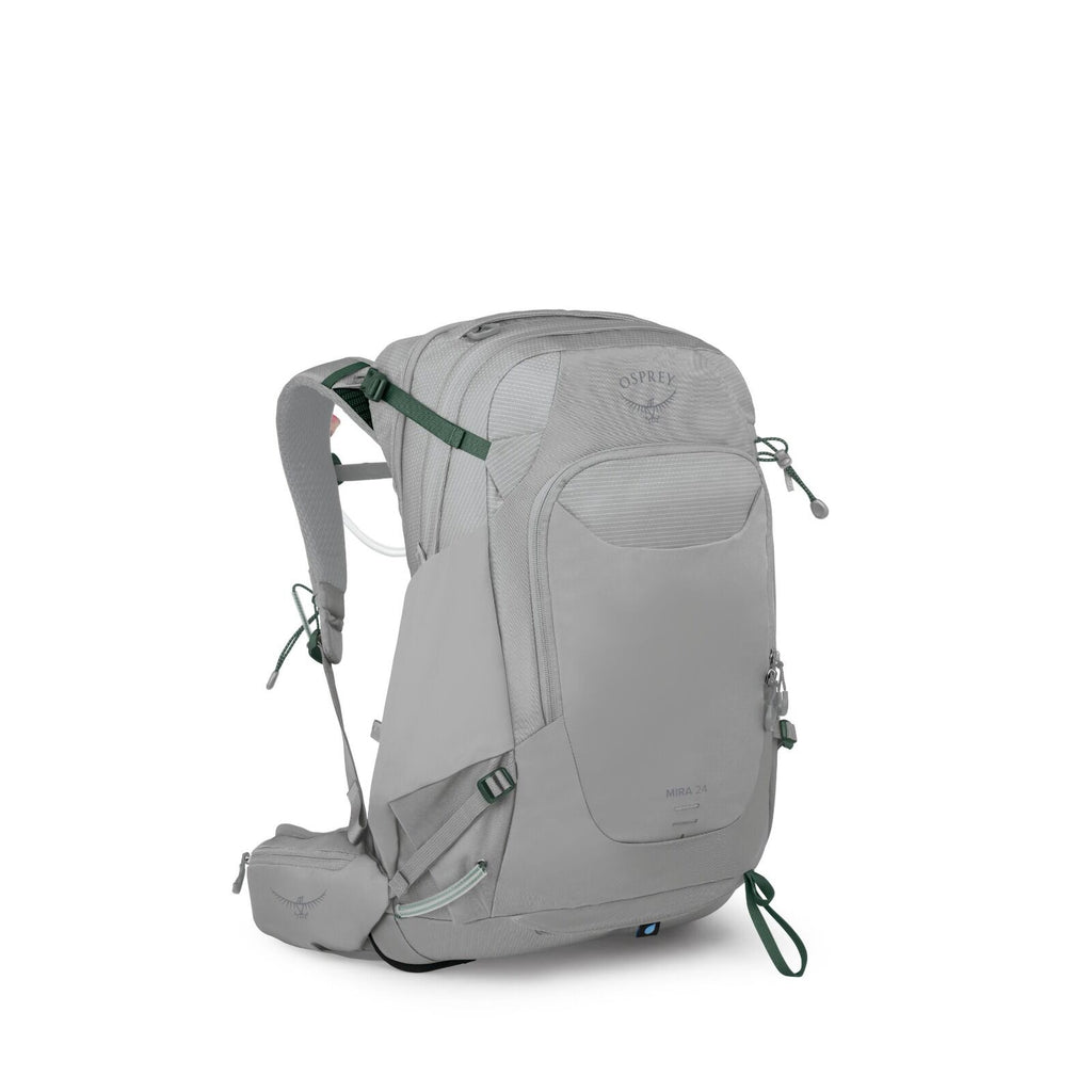 The image series displays an Osprey Mira 24 backpack, a versatile and functional daypack designed for outdoor activities. The first image shows the full backpack in a light gray color with green accents on straps and zippers, featuring the Osprey logo and