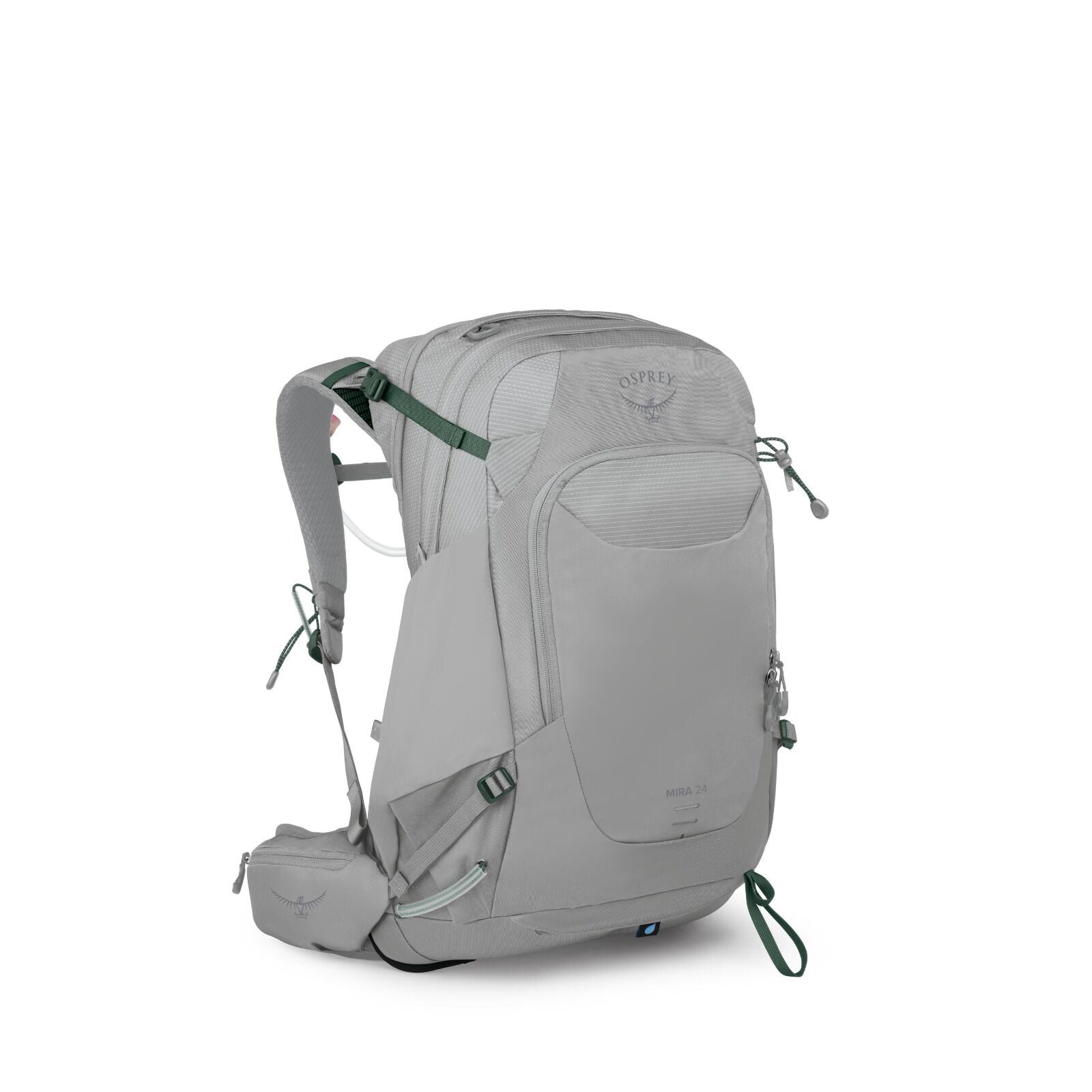 The image series displays an Osprey Mira 24 backpack, a versatile and functional daypack designed for outdoor activities. The first image shows the full backpack in a light gray color with green accents on straps and zippers, featuring the Osprey logo and