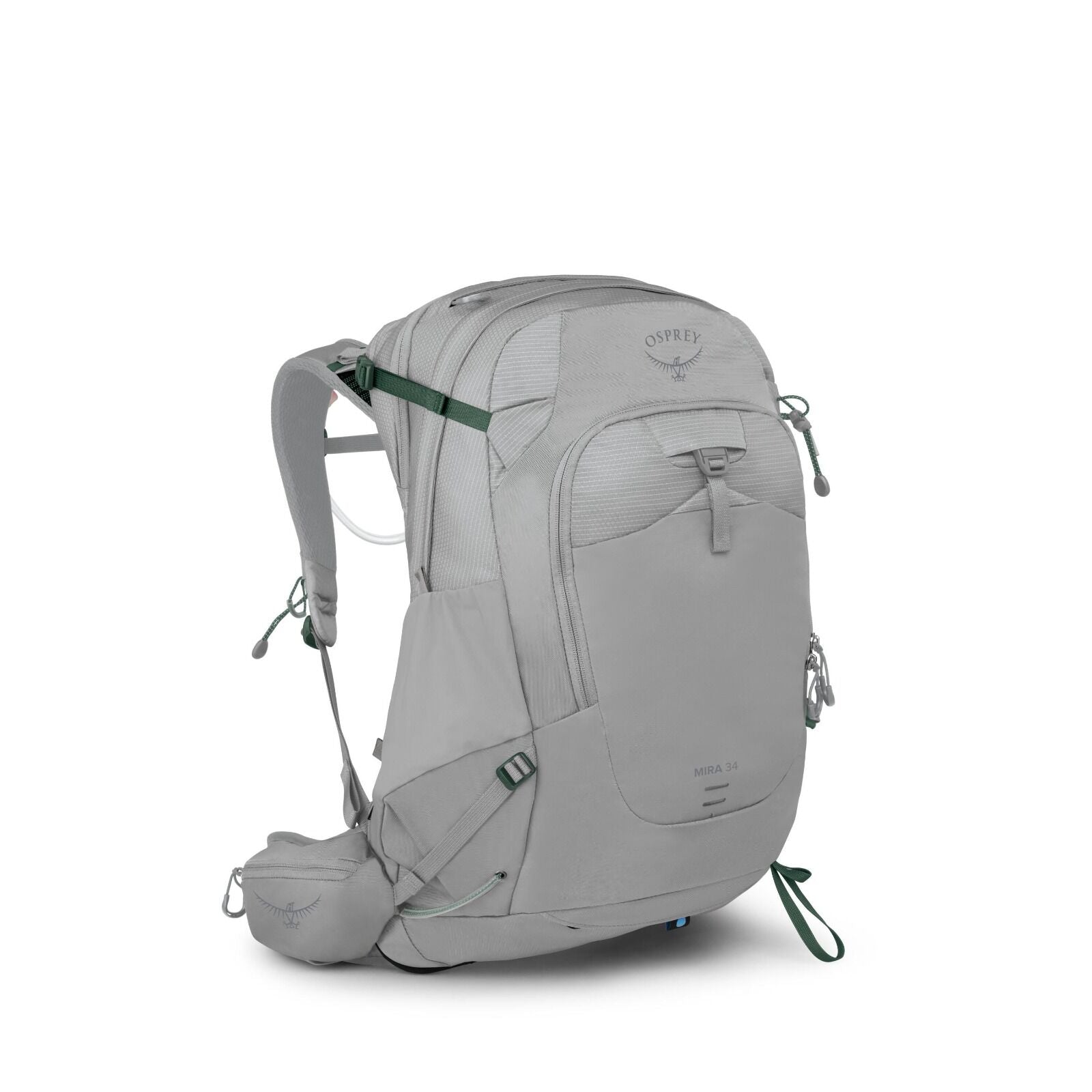 The image showcases an Osprey Mira 34 backpack in a light gray color. It features multiple compartments, including a large main section, a front zip pocket, and smaller pockets on the sides. The backpack is designed with adjustable shoulder straps and a p