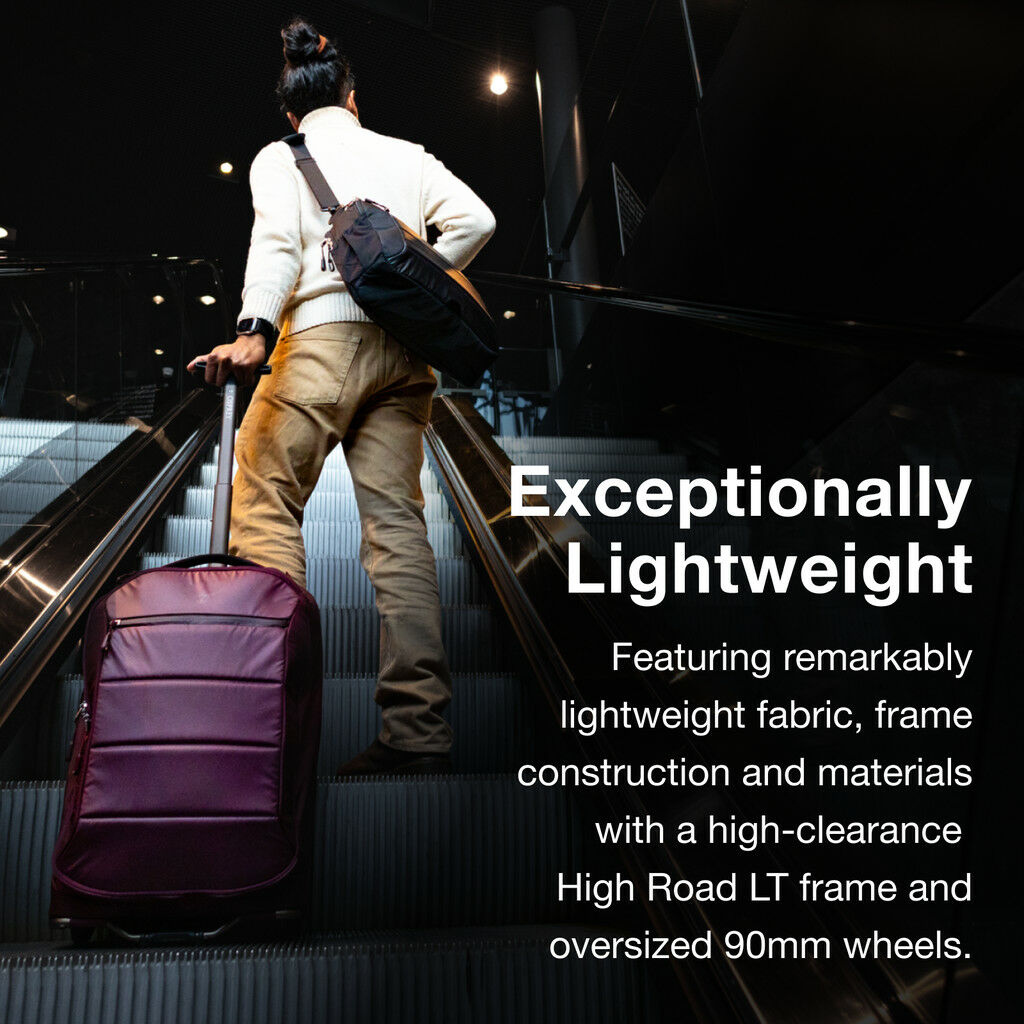 A person on an escalator with a purple suitcase; text on the right describes its lightweight features.