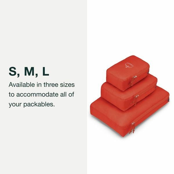 image showing Osprey packing cube sizes small, medium, and large.