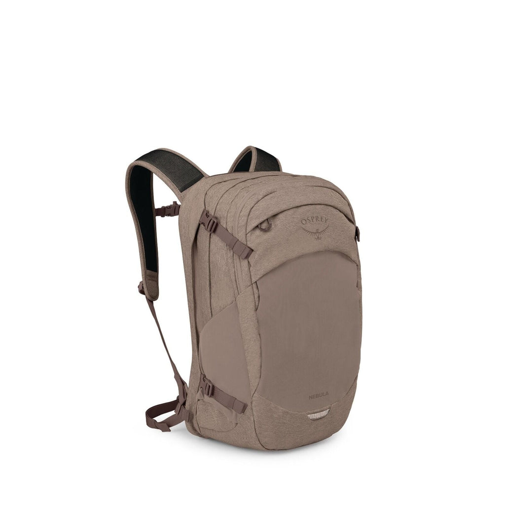 The images show a tan Osprey Nebula backpack photographed on a white background. The main shot displays the pack at a three-quarter angle with padded shoulder straps, side compression straps, and multiple zippered compartments.