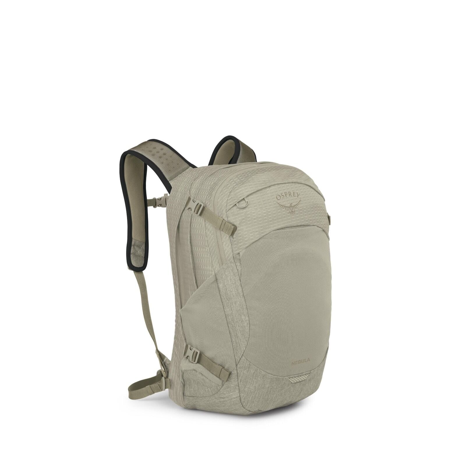 The image series showcases an Osprey Nebula backpack in a beige color. The backpack has a streamlined design, featuring multiple compartments and adjustable straps for comfort. The Osprey logo is prominently displayed near the top, signifying the brand's