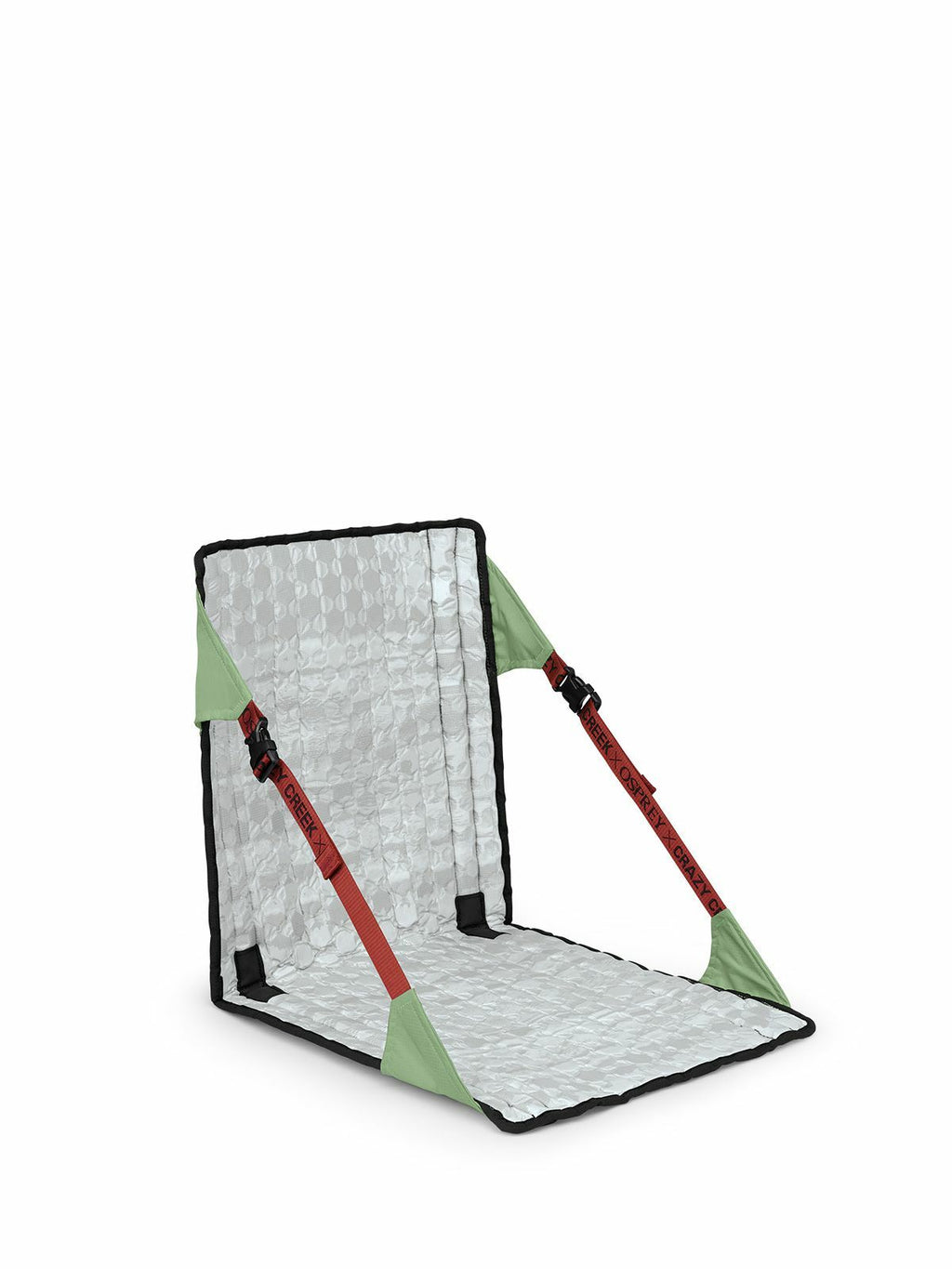 A foldable chair featuring a silver reflective surface, green corners, and adjustable red straps for secure setup.