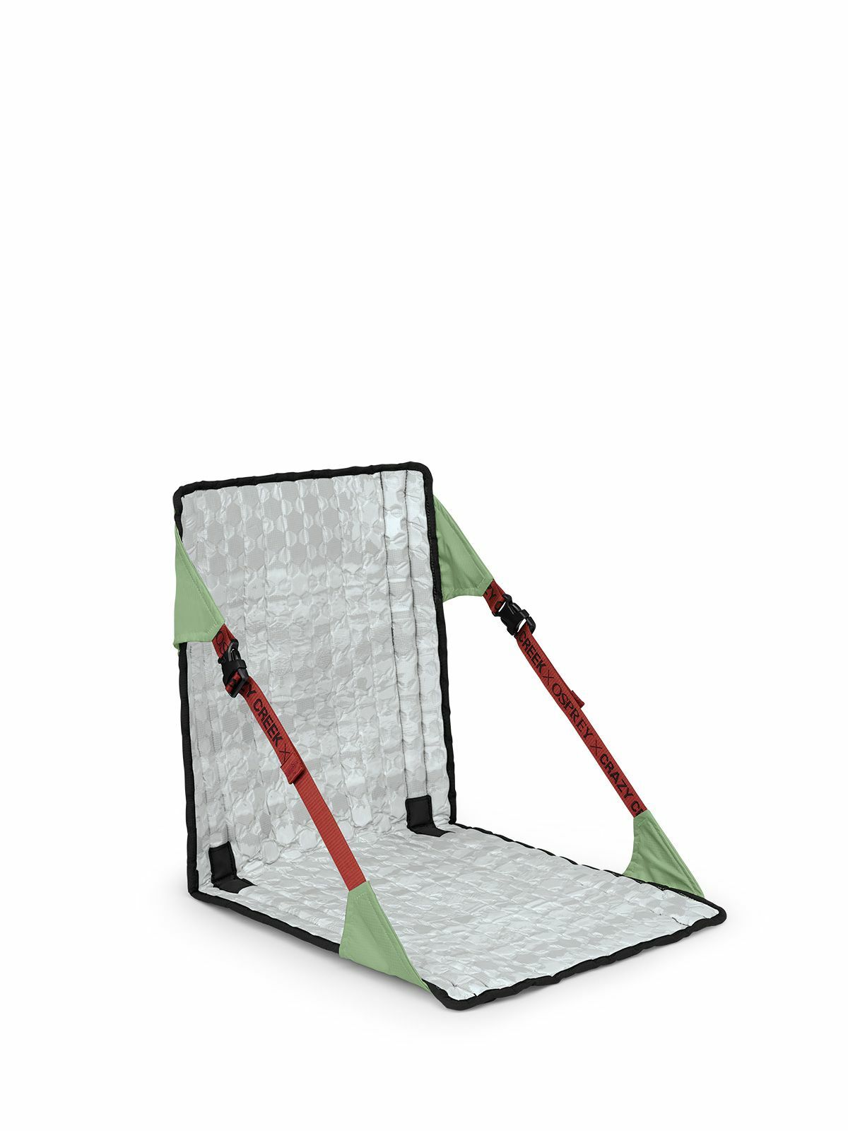 A foldable chair featuring a silver reflective surface, green corners, and adjustable red straps for secure setup.