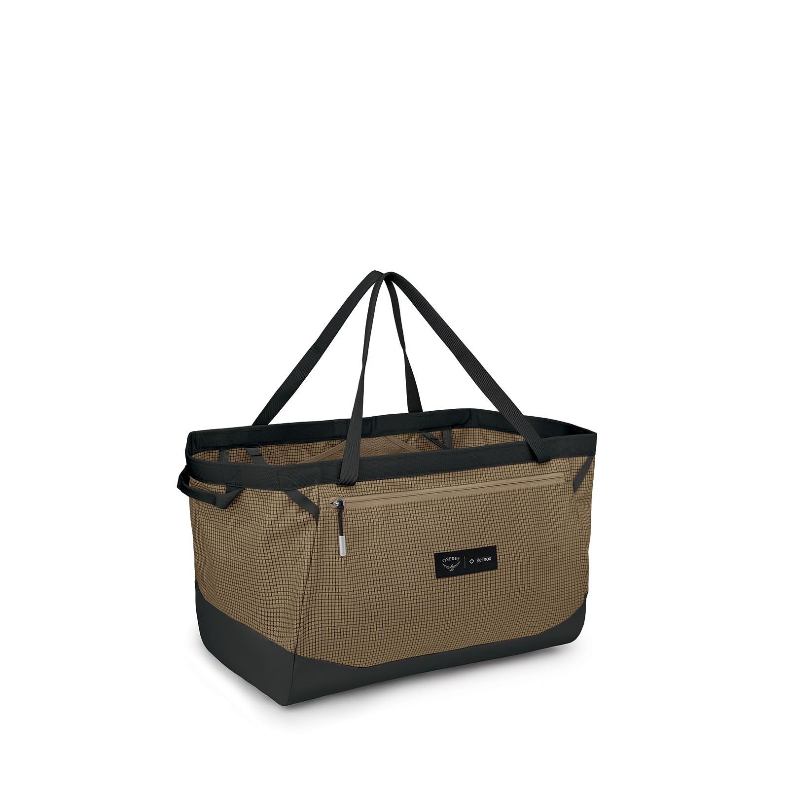 Brown and black checkered tote bag with long handles and a front zipper pocket. The bag has a modern, practical design suggesting versatility.