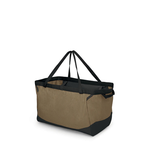 Brown and black checkered tote bag with long handles and a front zipper pocket. The bag has a modern, practical design suggesting versatility.