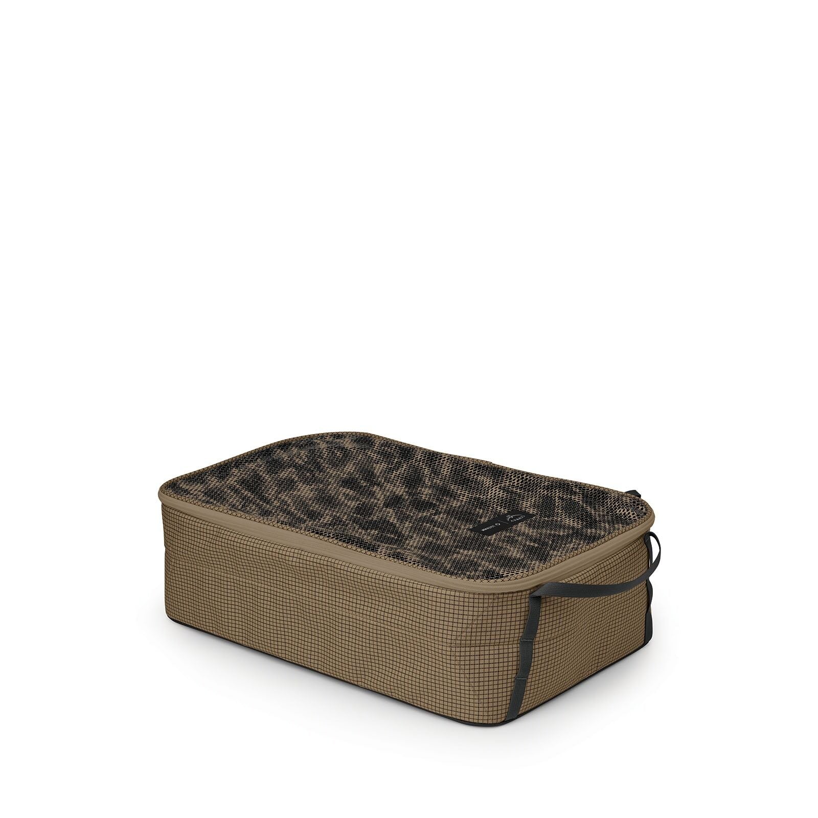 Brown travel packing cube with mesh netting on top and a handle on the side. The design is functional and minimalist, conveying organization and utility.