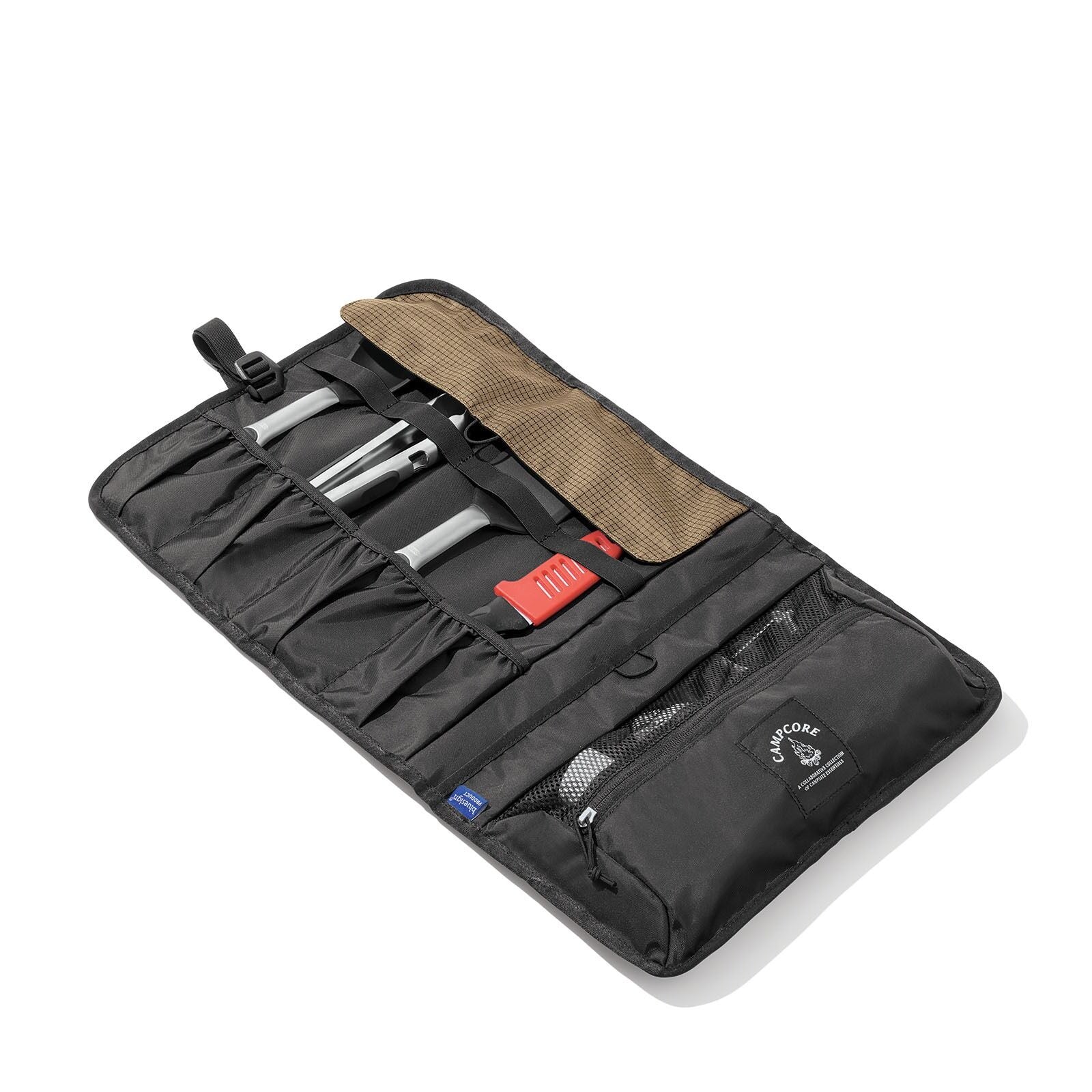 Internal image of the Oxo Campcore cooking tool roll and utensil set with utensils