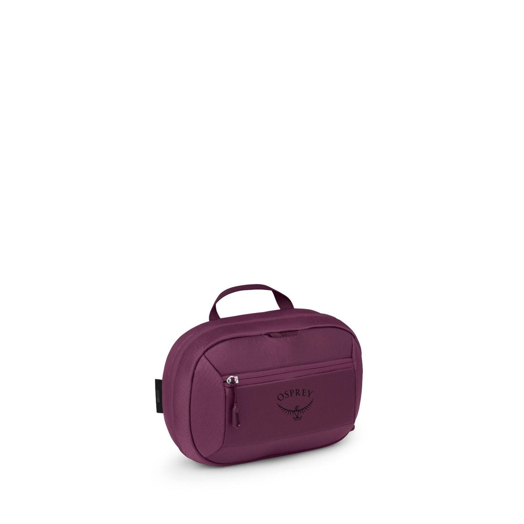 A small, zippered pouch is shown from several angles against a plain white background. The bag is a rich purple color with a minimalist, rectangular shape and rounded edges. On the front panel, the Osprey logo is printed in black. Some views display the m