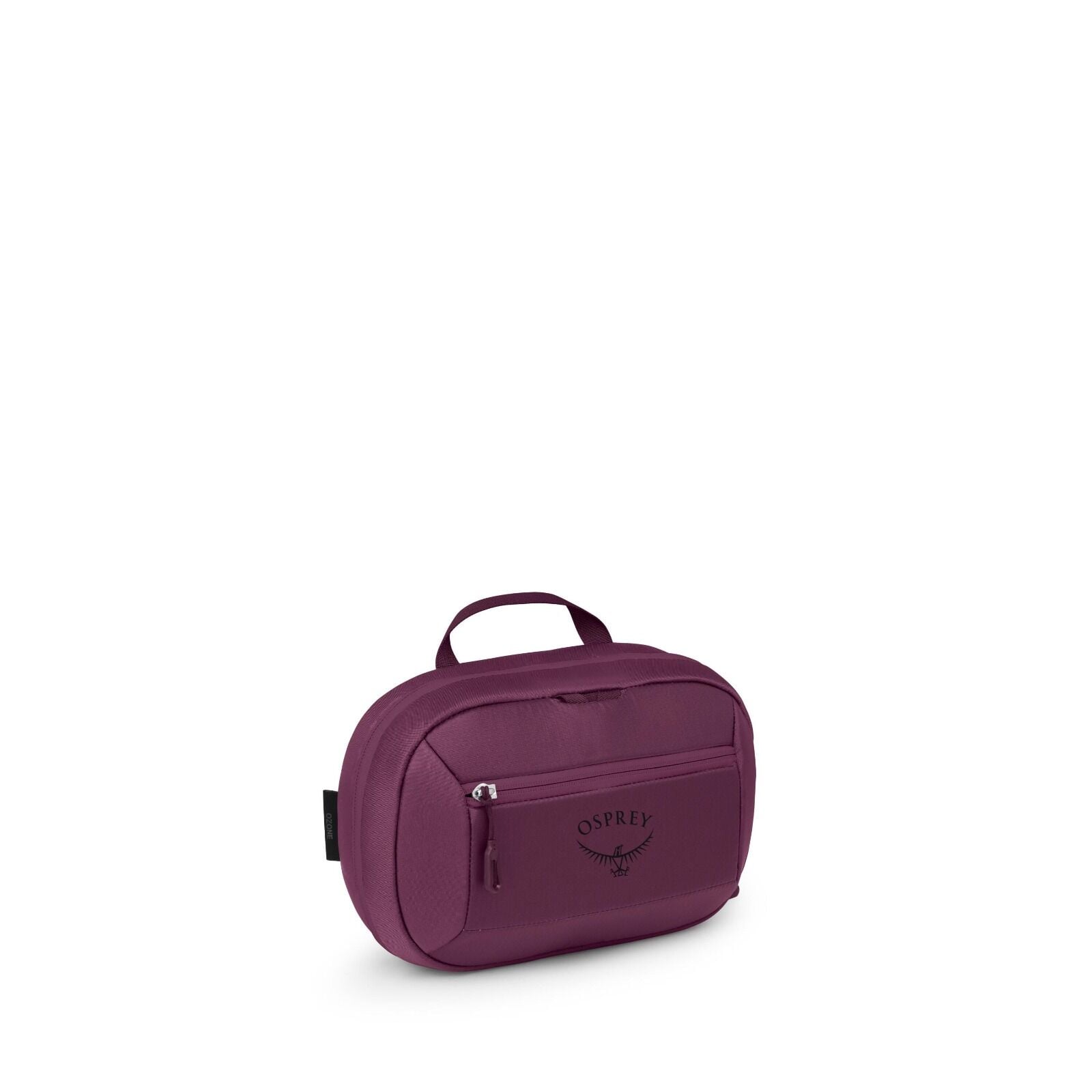 A small, zippered pouch is shown from several angles against a plain white background. The bag is a rich purple color with a minimalist, rectangular shape and rounded edges. On the front panel, the Osprey logo is printed in black. Some views display the m