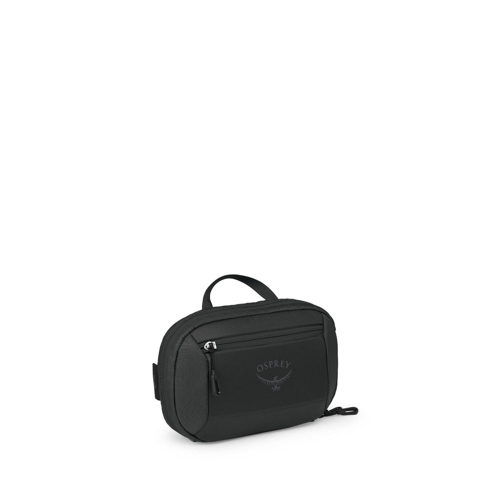 The images show a compact black Osprey pouch or small travel bag. It has a rounded rectangular shape with a short top handle and a front zip pocket bearing the Osprey logo. A main zipper runs around the top and sides, and there's a small side attachment p